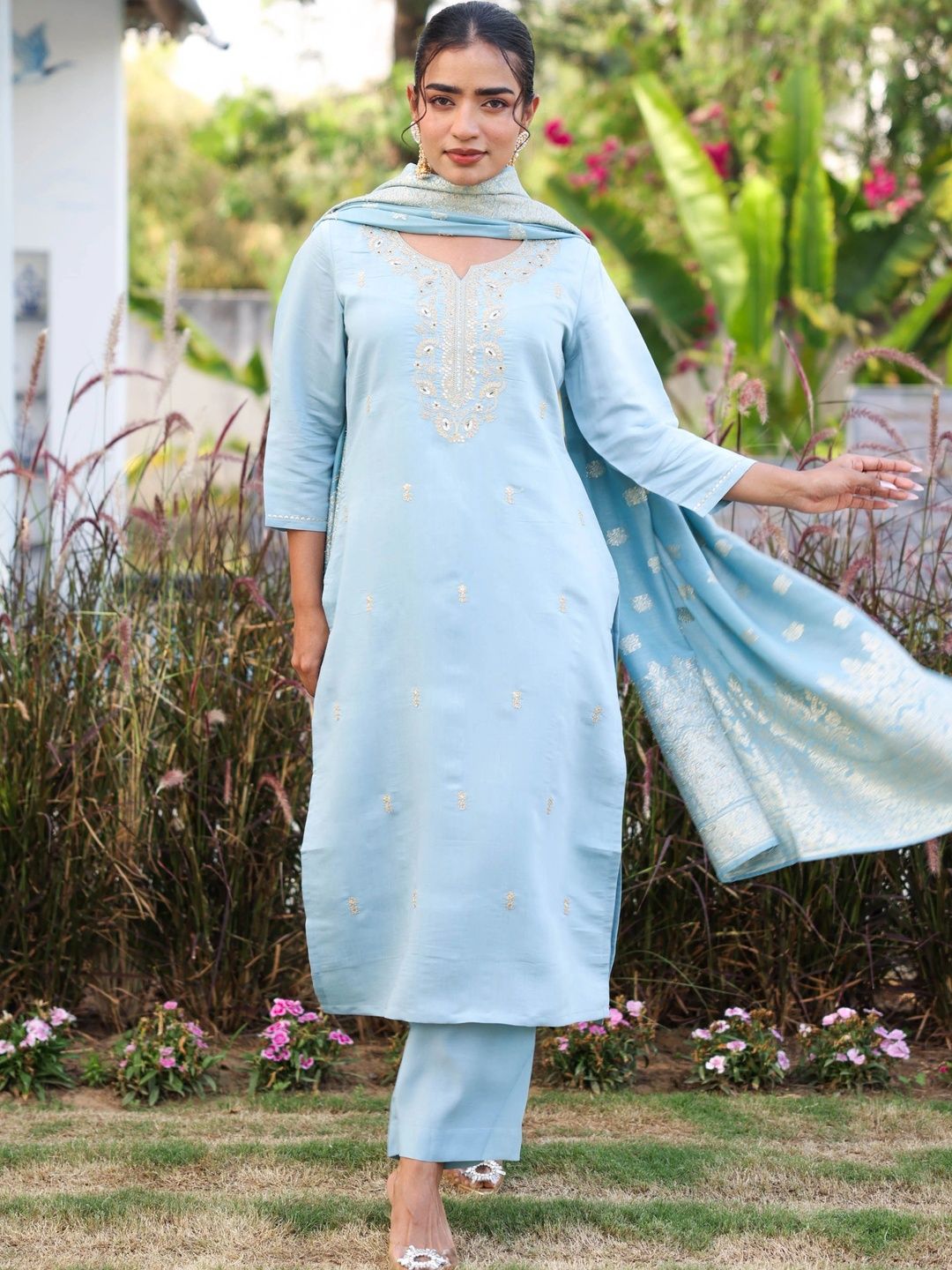 Aramya Women Ethnic Motifs Embroidered Regular Sequinned Chanderi Silk Kurta with Trousers & With Dupatta-picture-19