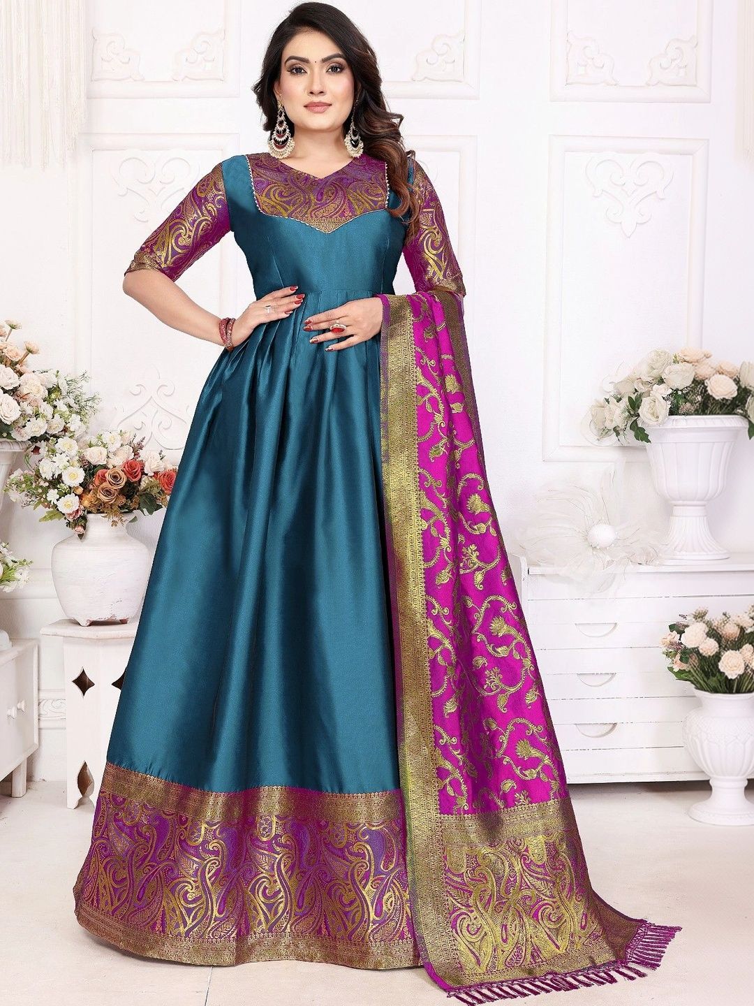 Kinjhit Fashion Woven Design V-Neck Gown Ethnic Dresses With Dupatta-image-39