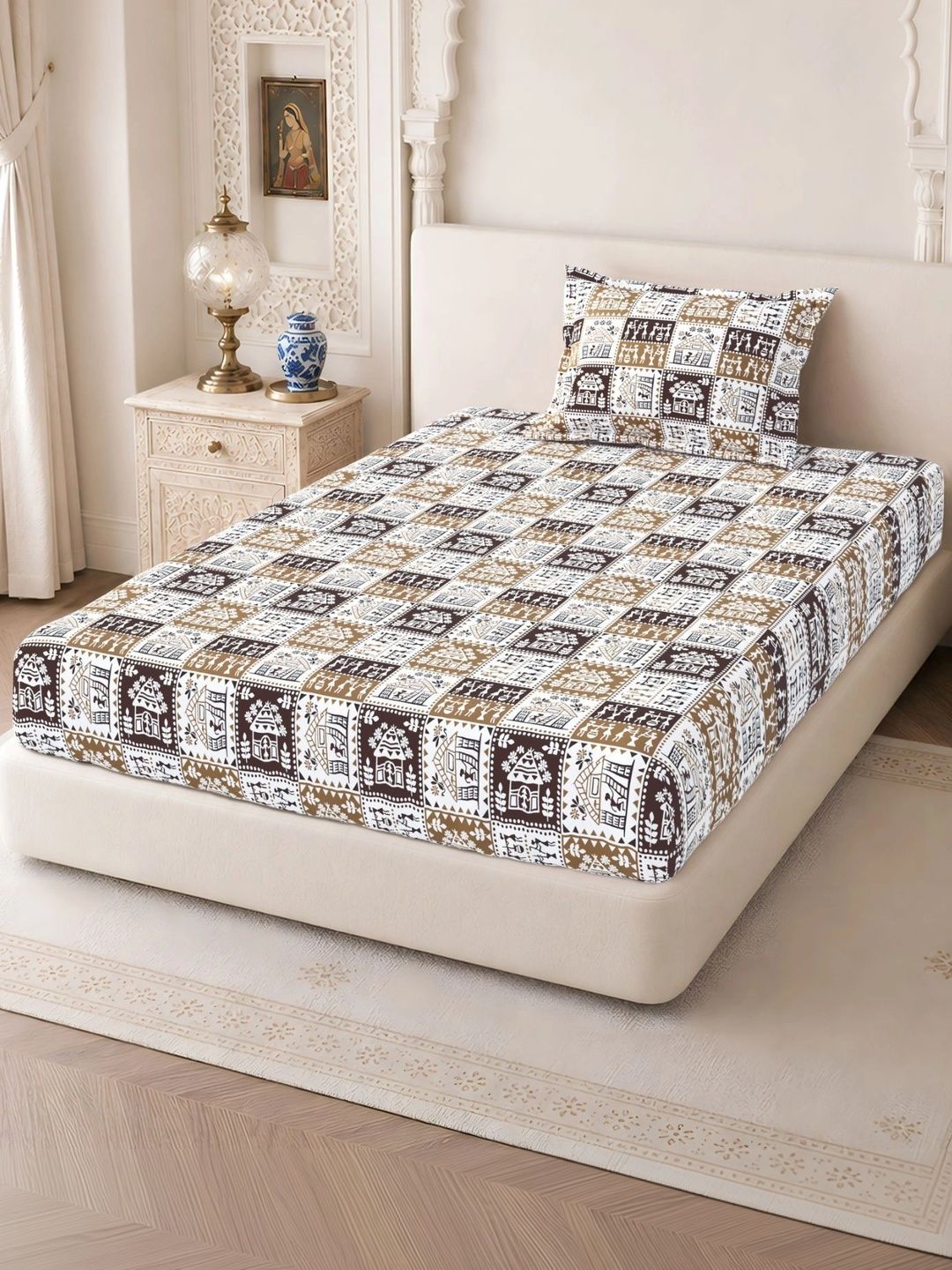 Homeful Style Brown & White 160 TC Single Bedsheet with 1 Pillow Covers-picture-27