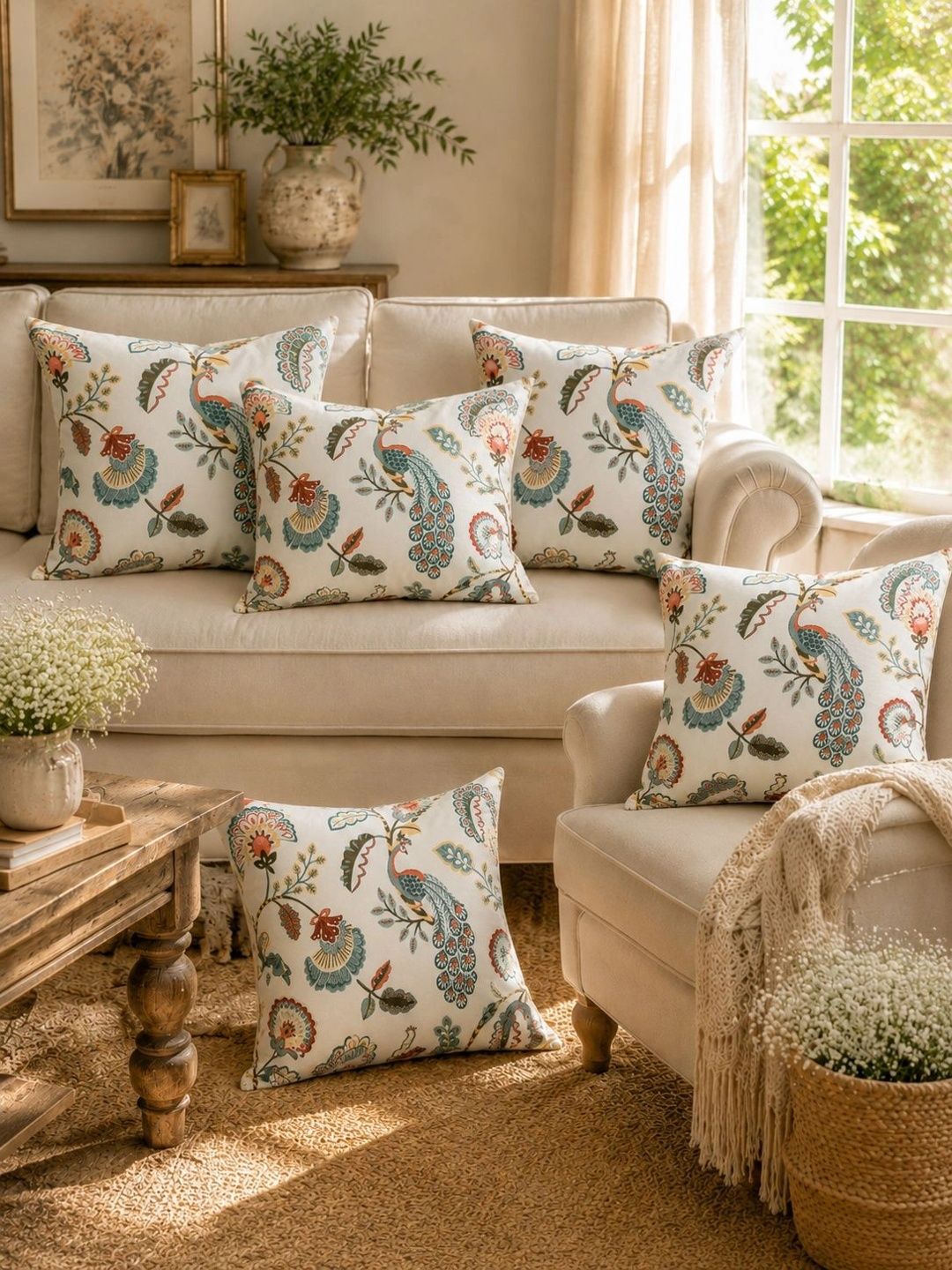 Aura White & Green Set of 5 Floral Square Cushion Covers-picture-49
