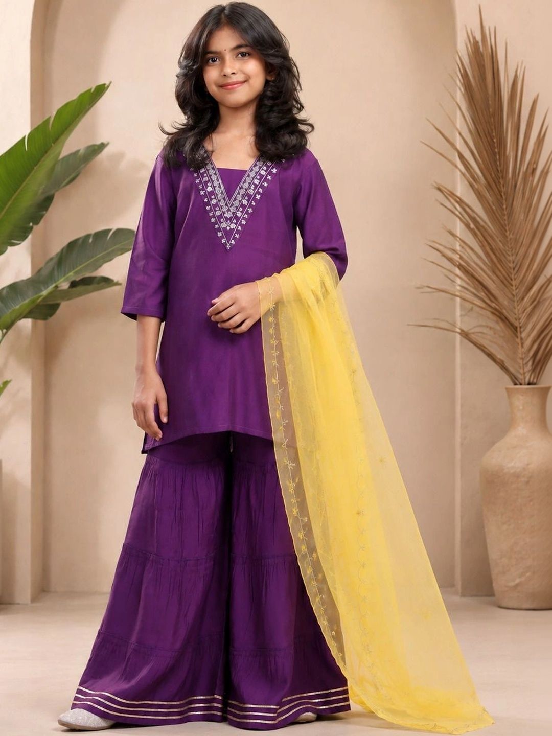 KALINI Girls Ethnic Motifs Embroidered Regular Thread Work Pure Silk Kurta with Sharara & With Dupatta-picture-33