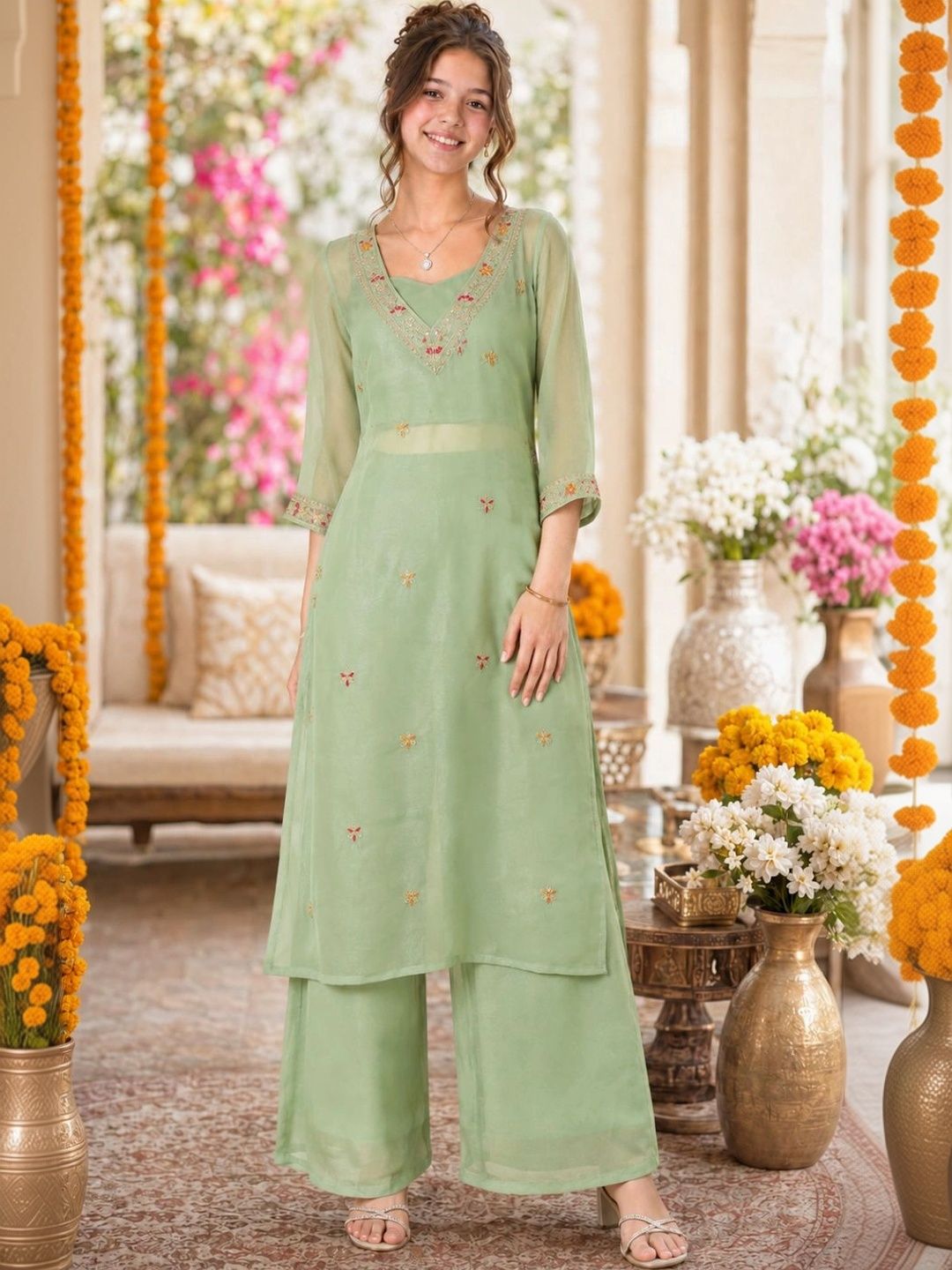 CurlyTales Girls Ethnic Motifs Embroidered Regular Thread Work Kurta with Palazzos-picture-34
