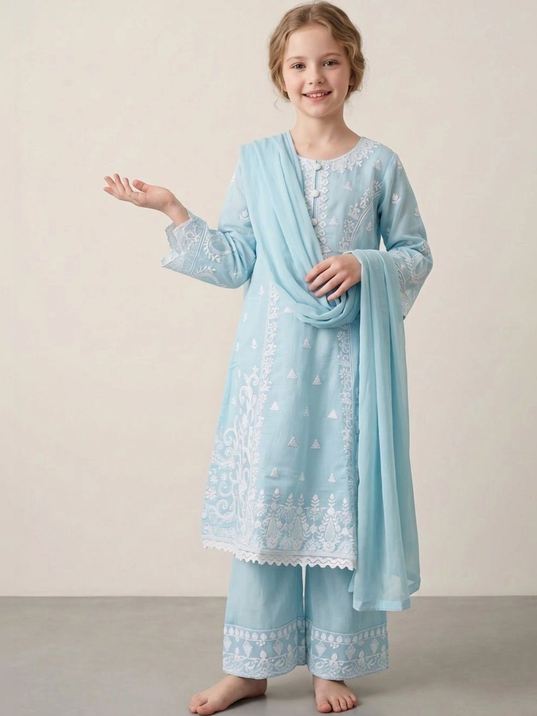 HOUSE OF IQF Girls Ethnic Motifs Embroidered Regular Chikankari Pure Cotton Kurta with Palazzos & With-picture-16