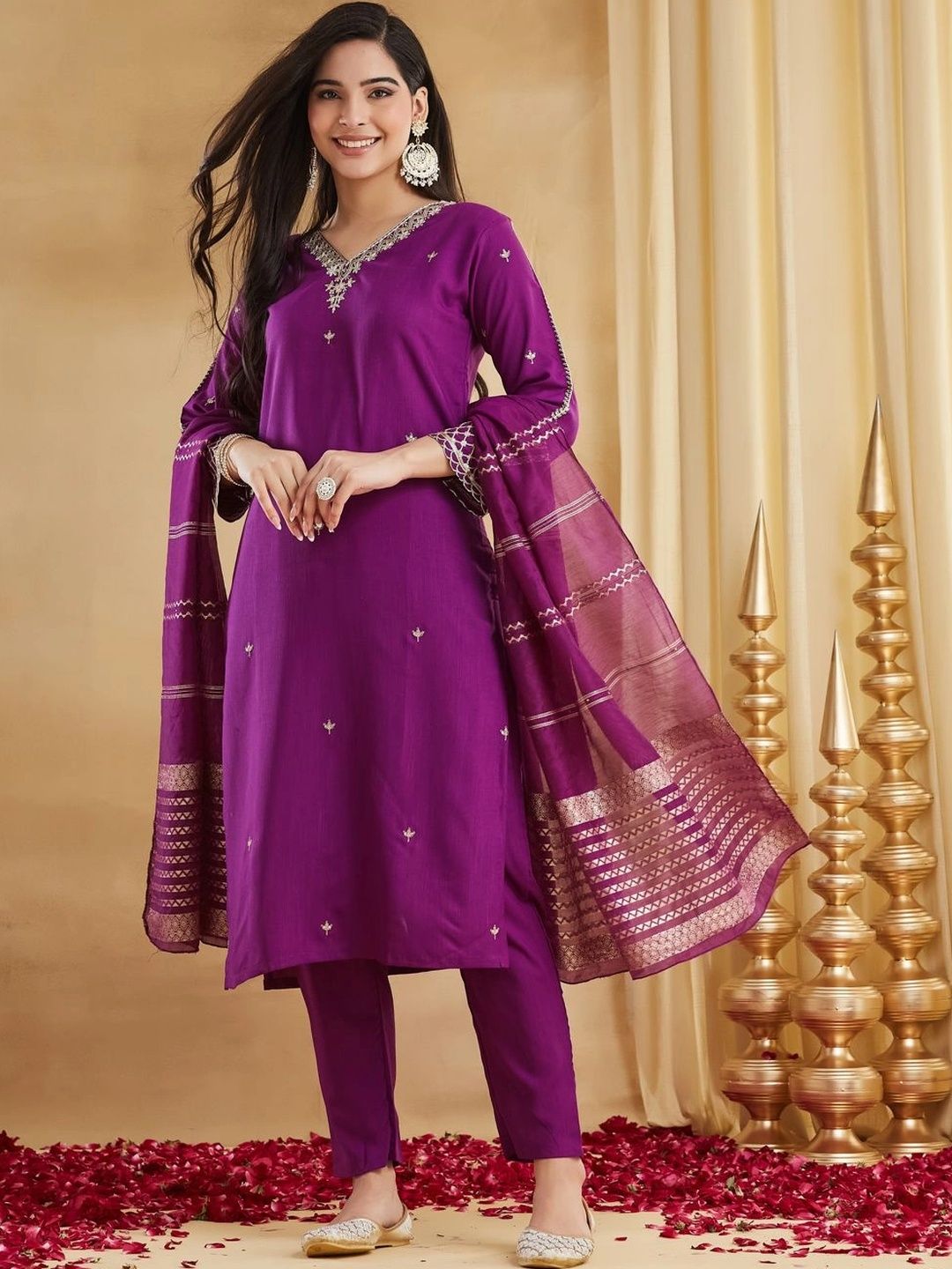 SHIVHET FAB Women Ethnic Motifs Embroidered Regular Thread Work Kurta with Trousers & With Dupatta-picture-43