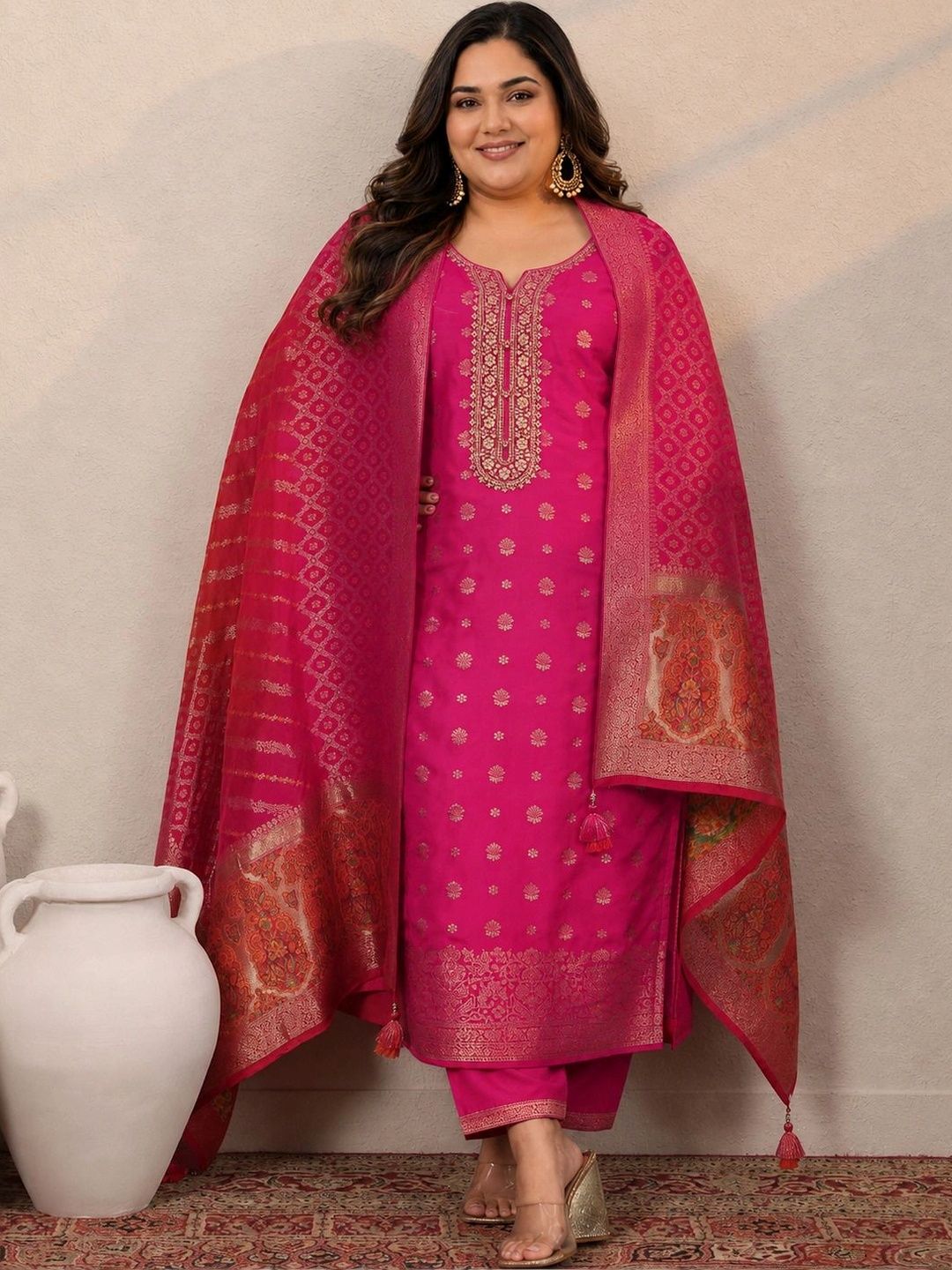 EXTRA LOVE BY LIBAS Women Ethnic Motifs Embroidered Regular Kurta with Trousers & With Dupatta-picture-24