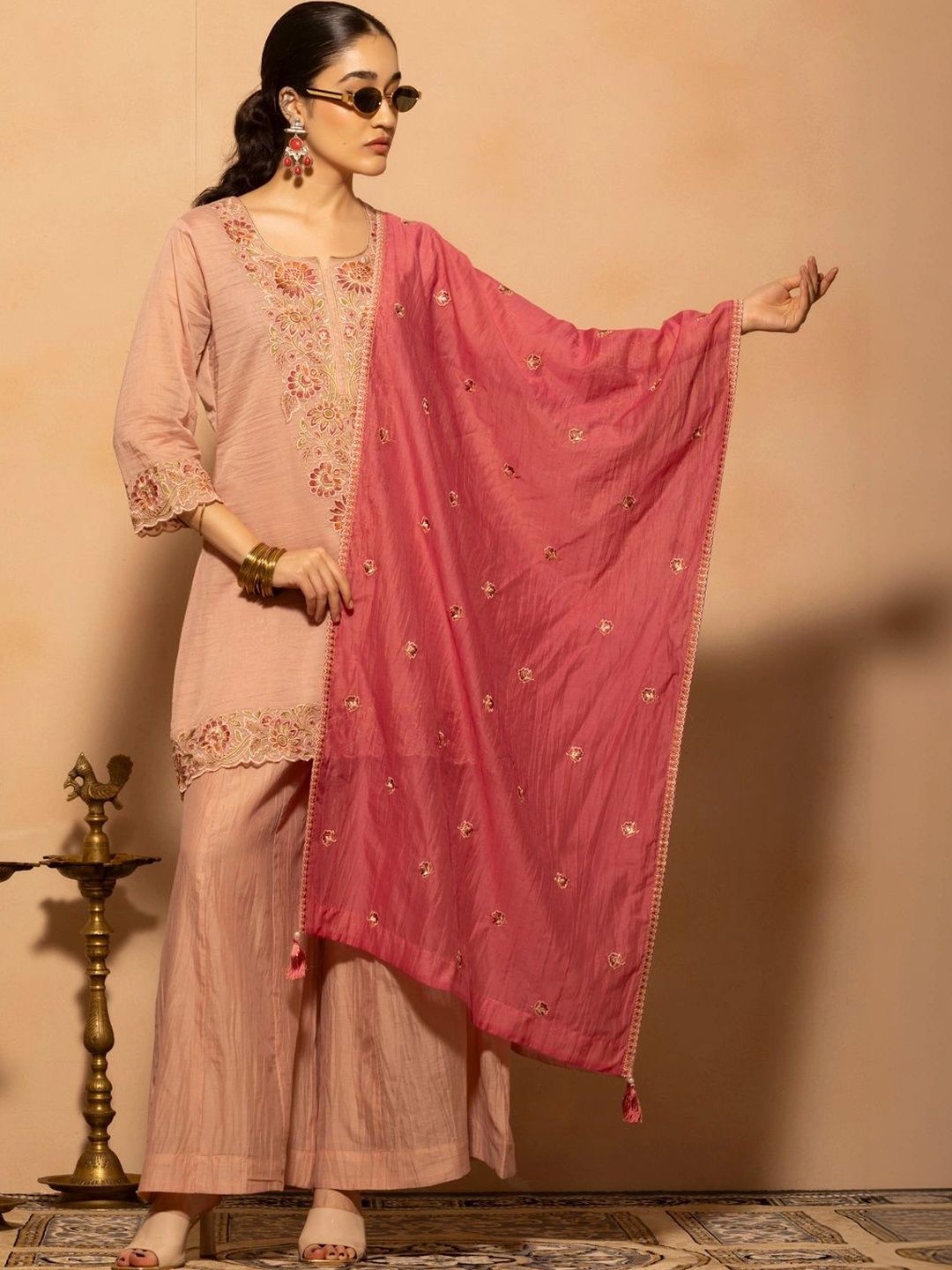 Sabhyata Women Ethnic Motifs Embroidered Regular Thread Work Chanderi Silk Kurta with Palazzos & With Dupatta-image-11