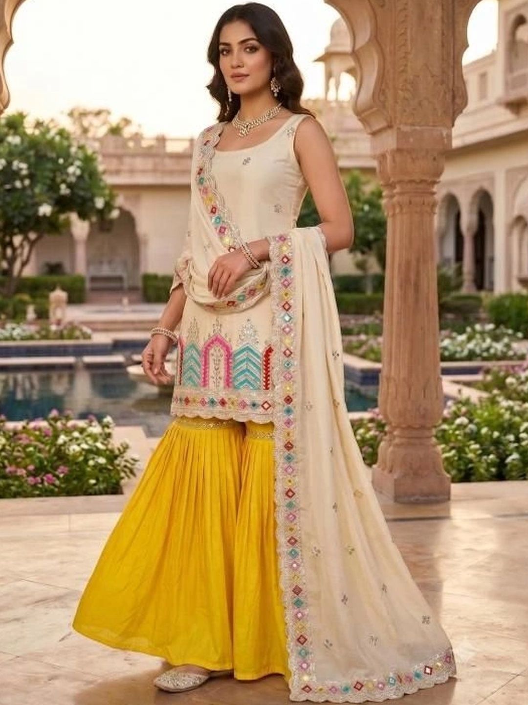 EKAYANI Women Ethnic Motifs Embroidered Regular Thread Work Kurta with Sharara & With Dupatta-picture-34