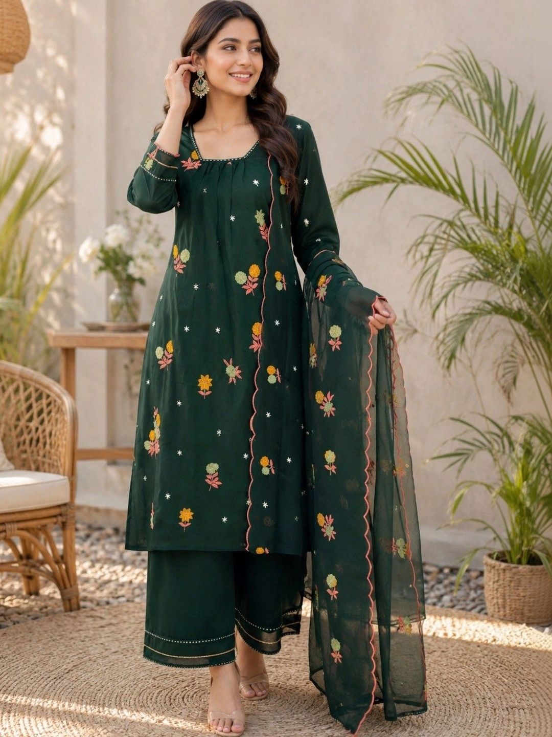 ESHMYRA Women Floral Embroidered Regular Thread Work Chanderi Silk Kurta with Palazzos & With Dupatta-picture-40