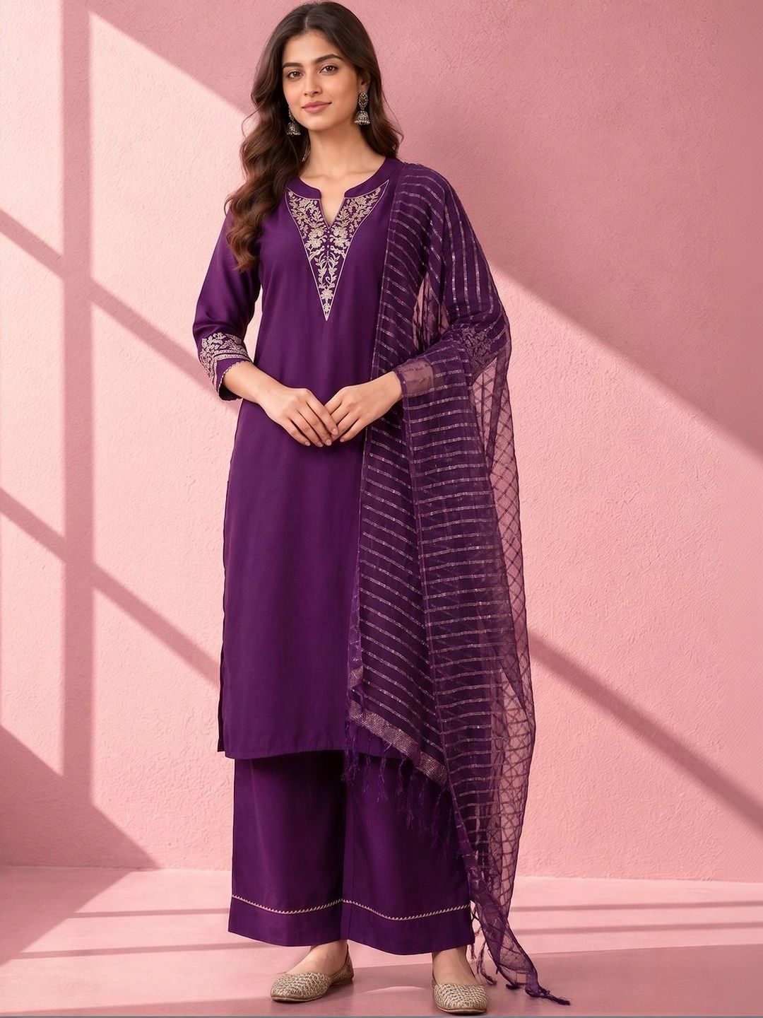 Anouk Women Ethnic Motifs Embroidered Regular Thread Work Kurta with Palazzos & With Dupatta-image-33