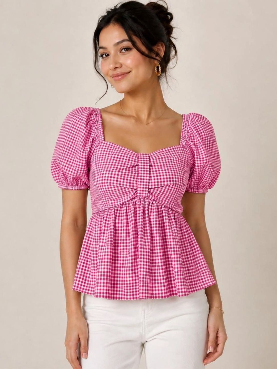 Just Fab Checked Puff Sleeve Smocked Peplum Top-picture-44