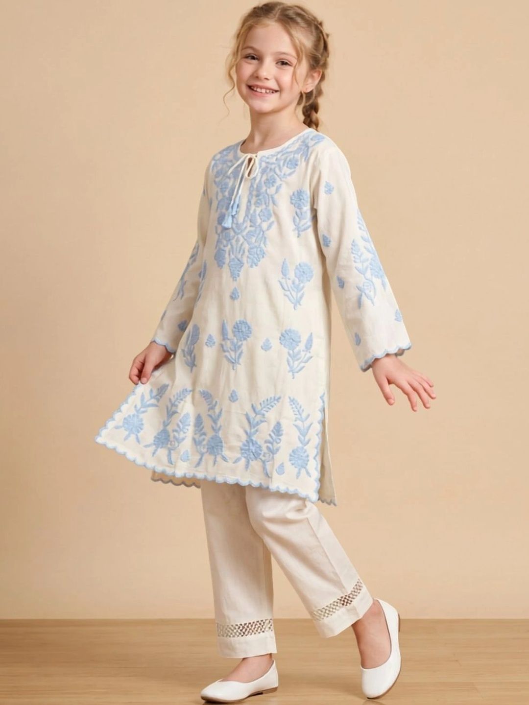 HOUSE OF IQF Girls Floral Embroidered Regular Thread Work Pure Cotton Kurta with Trousers-image-47