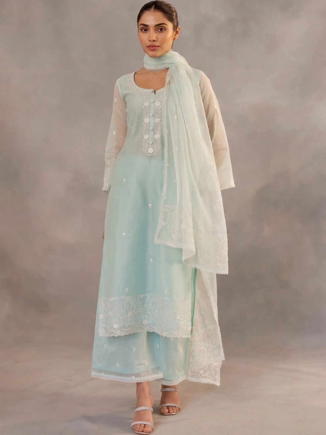 Royal Export Women Floral Embroidered Regular Thread Work Chanderi Silk Kurta with Palazzos & With Dupatta-picture-17