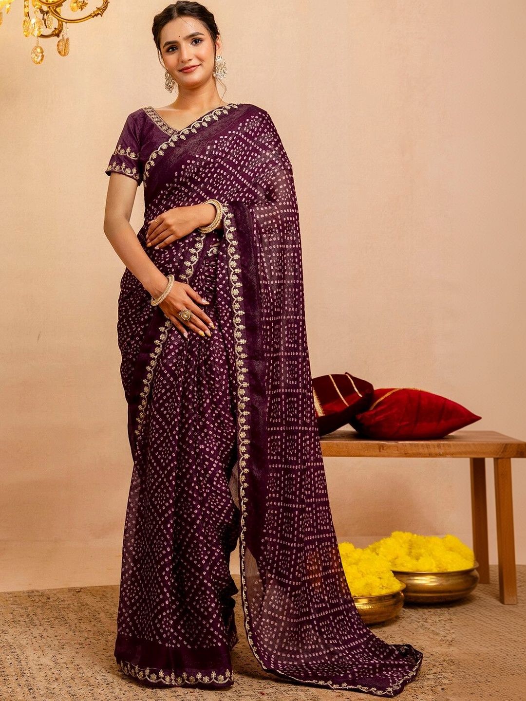 SAARA Bandhani Embroidered Pure Chiffon Saree-image-47