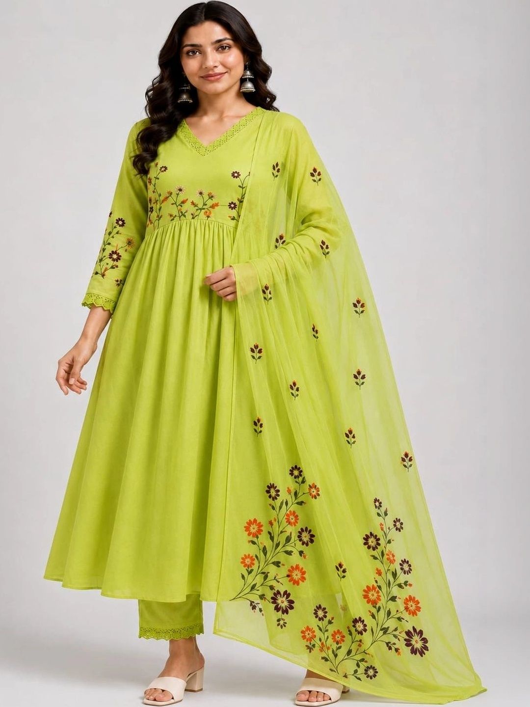 HERE&NOW Women Floral Embroidered Empire Thread Work Pure Cotton Kurta with Trousers & With Dupatta-picture-44