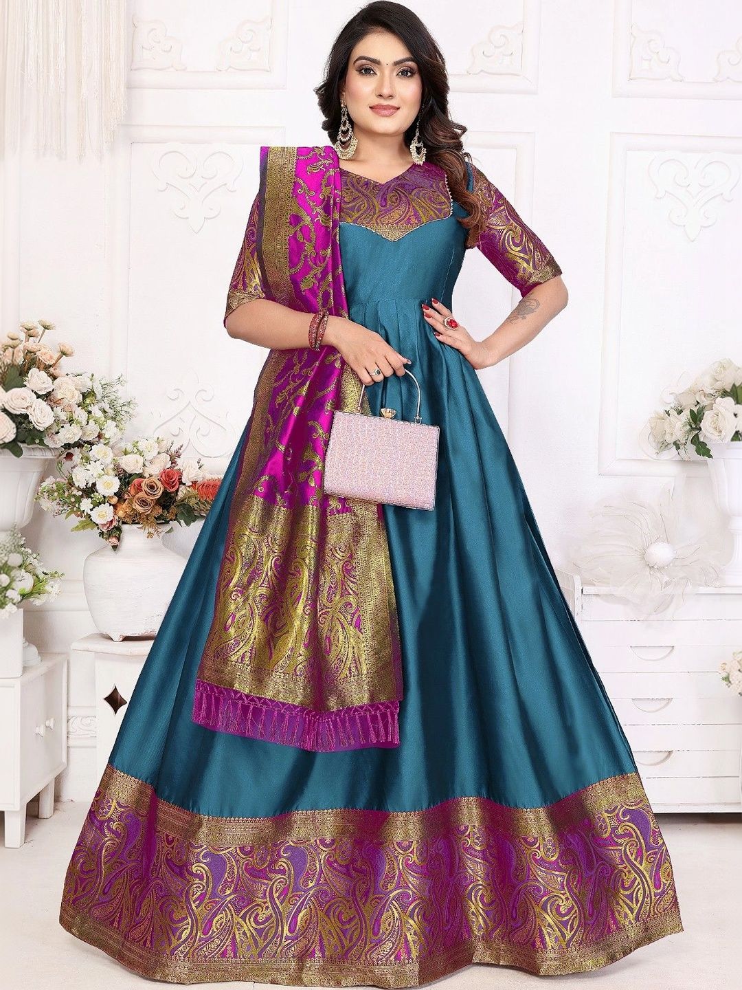Kinjhit Fashion Woven Design Jacquard Ethnic Gown with Dupatta-picture-28