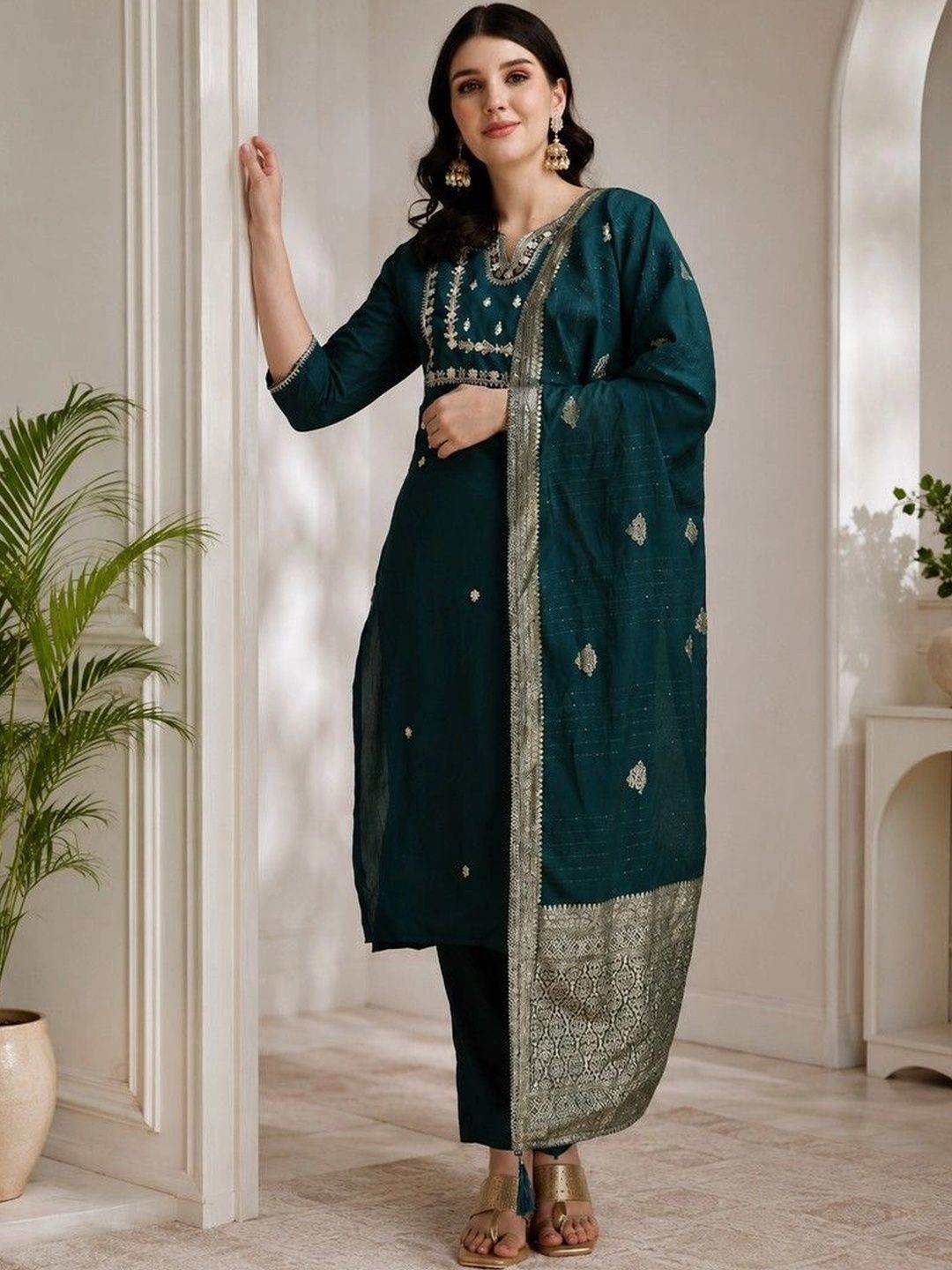 Sangria Women Ethnic Motifs Embroidered Regular Kurta with Trousers & With Dupatta-picture-18