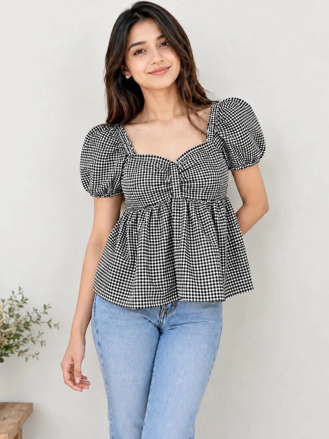 Just Fab Checked Puff Sleeve Peplum Top-picture-19