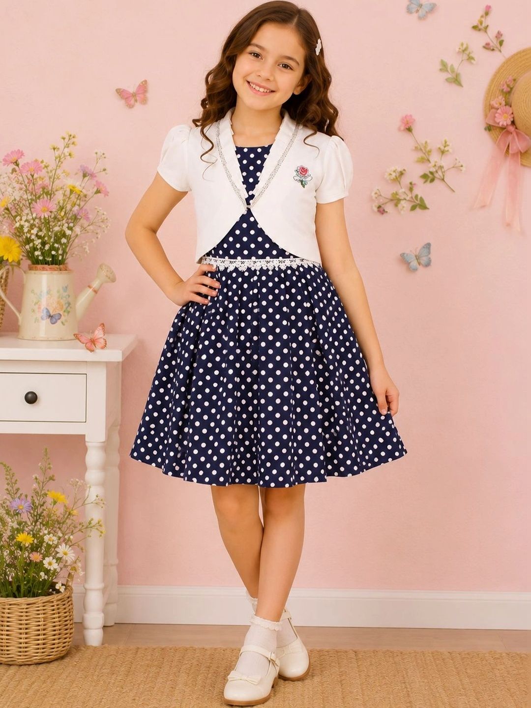 CUTECUMBER Polka Dot Print Puff Sleeve Georgette A-Line Dress-picture-12