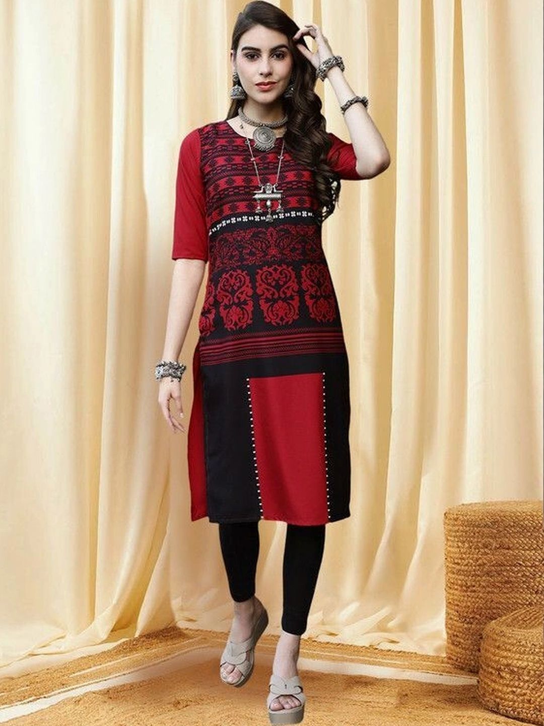 HERE&NOW Women Pack of 3 Ethnic Motifs Printed Crepe Kurtas-picture-55