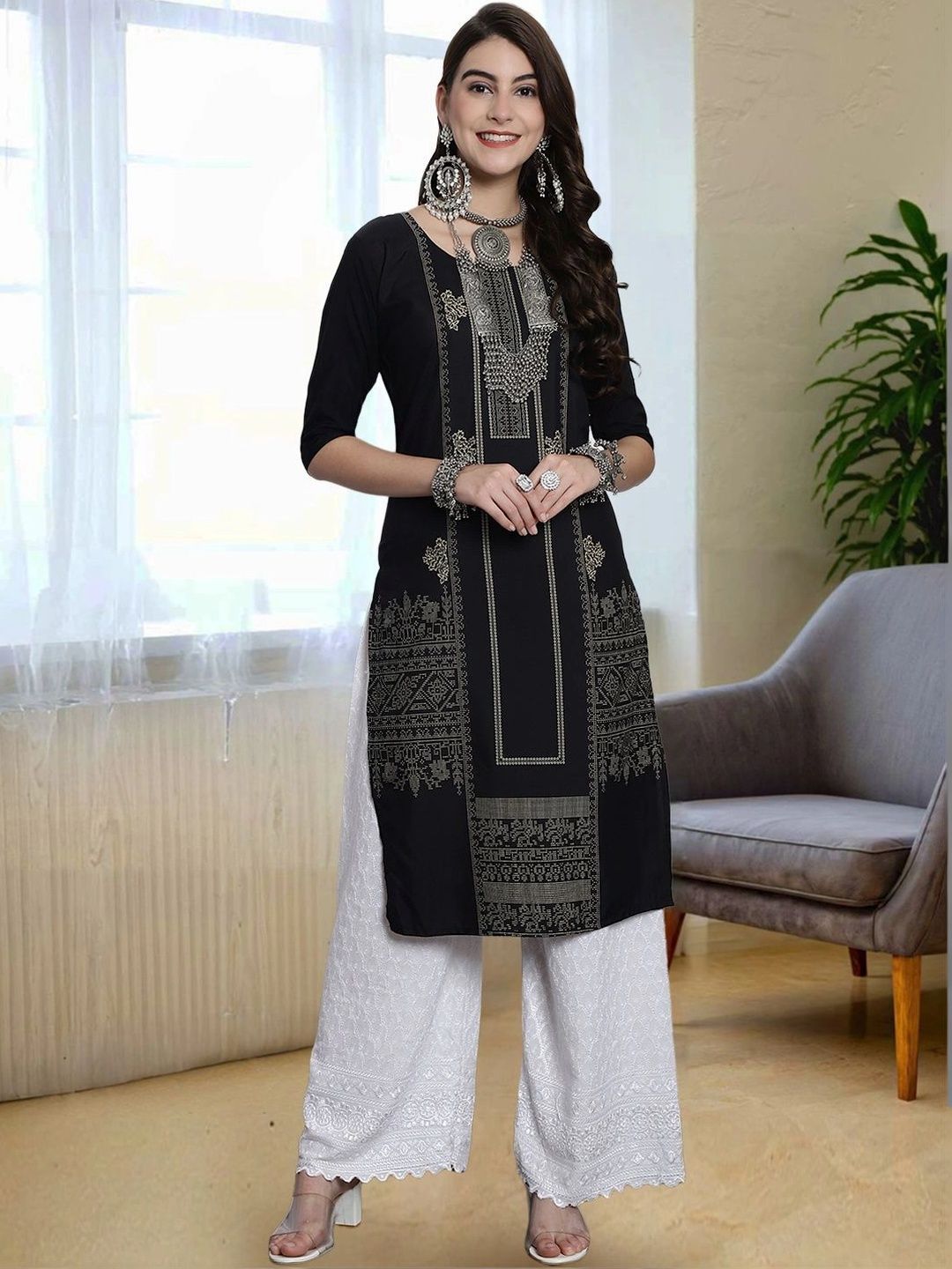 HERE&NOW Women Thread Work Crepe Kurta-image-40