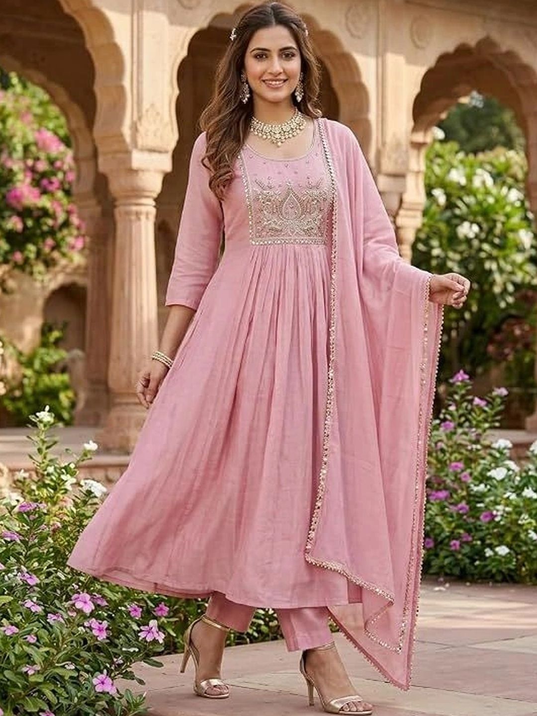 House of Daga Women Ethnic Motifs Embroidered Empire Pure Silk Kurta with Trousers & With Dupatta-picture-10