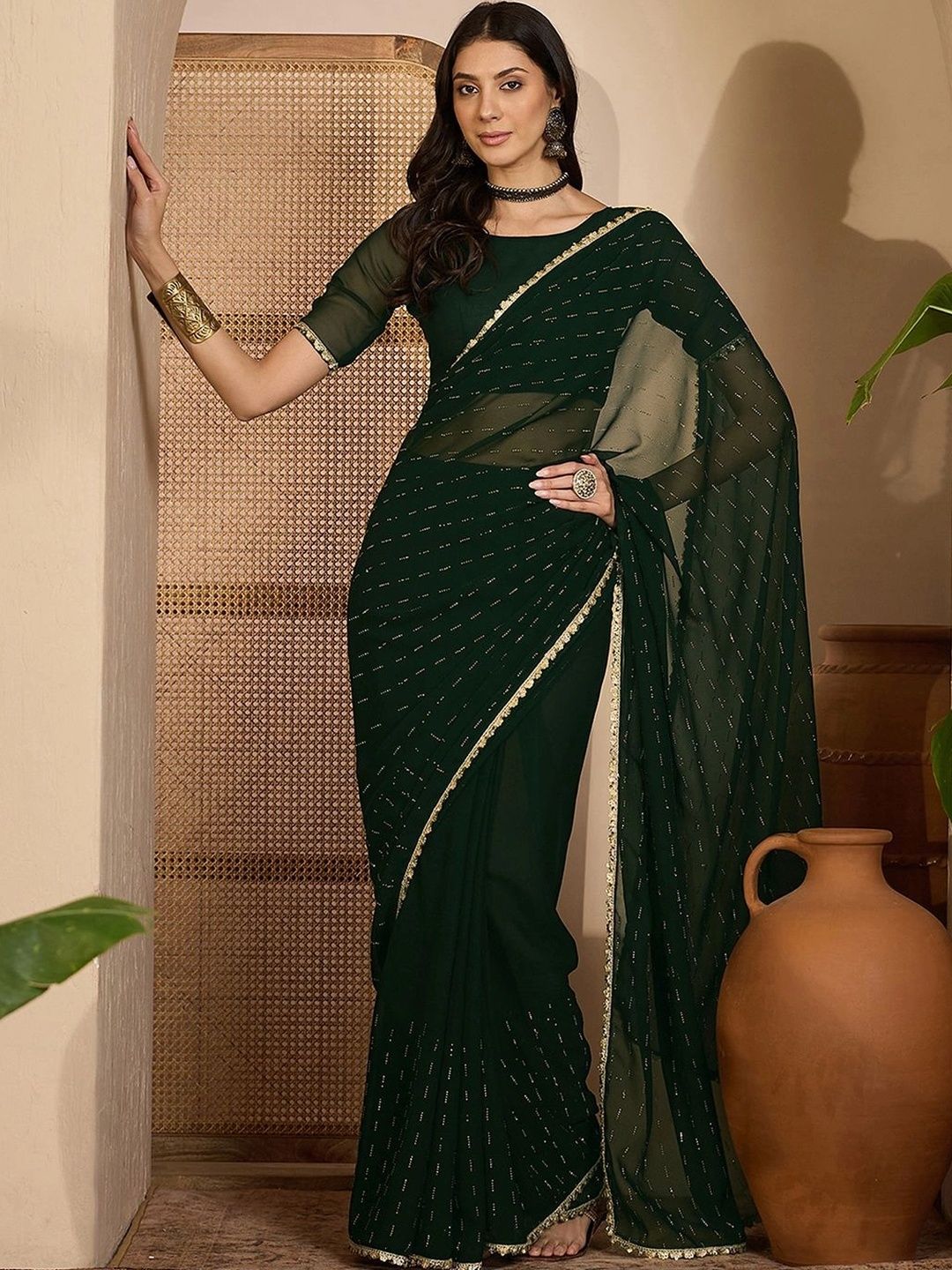 SAARA Embellished Beads and Stones Pure Georgette Saree-image-25