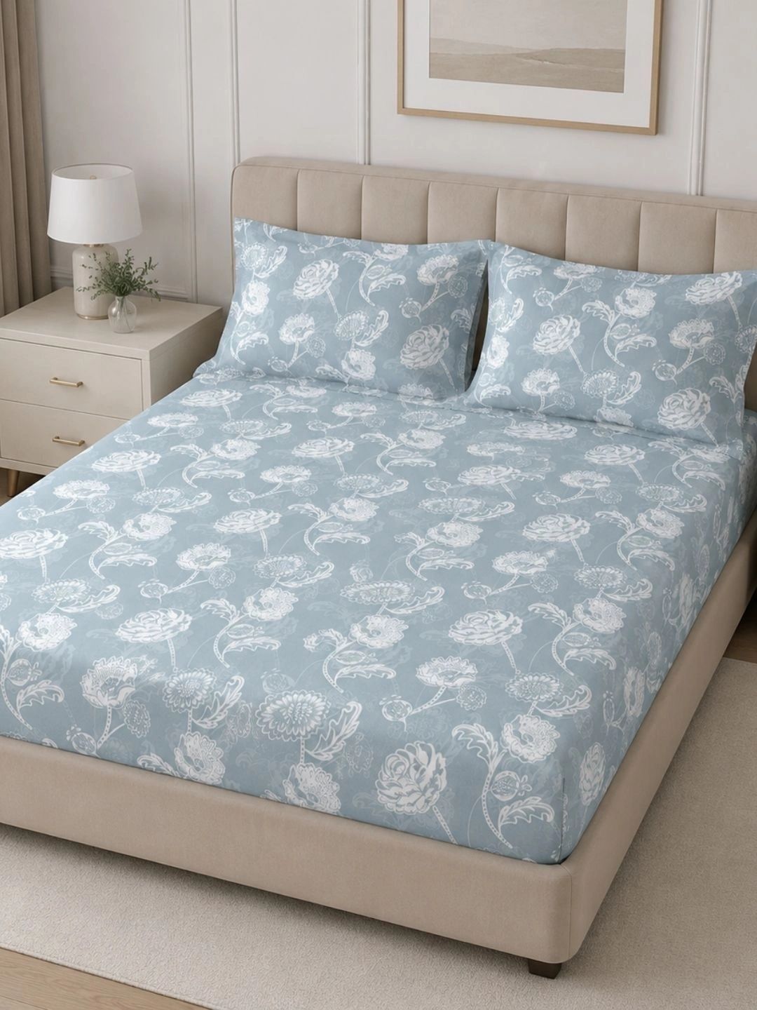 Sleeping Owls- because your sleep matters Blue & White Floral 220 TC King Bedsheet with 2 Pillow Covers-image-12
