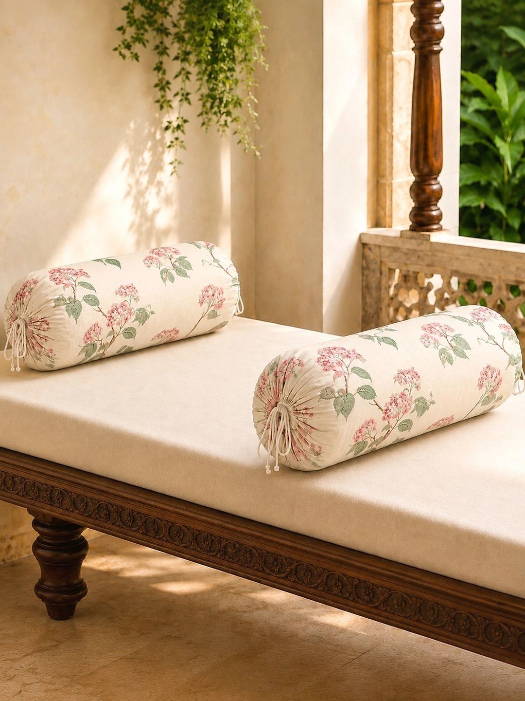Myntra Elegant Homes 2-Pcs Cream Color & Green Printed Pure Cotton Bolster Covers-image-16