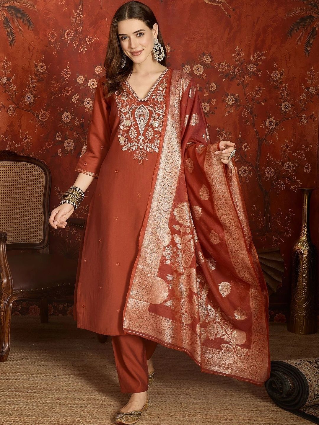 HERE&NOW Women Ethnic Motifs Embroidered Regular Thread Work Kurta with Trousers & With Dupatta-picture-31