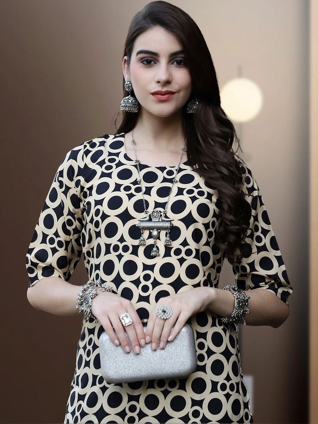 HERE&NOW Women Geometric Printed Crepe Kurta-picture-13