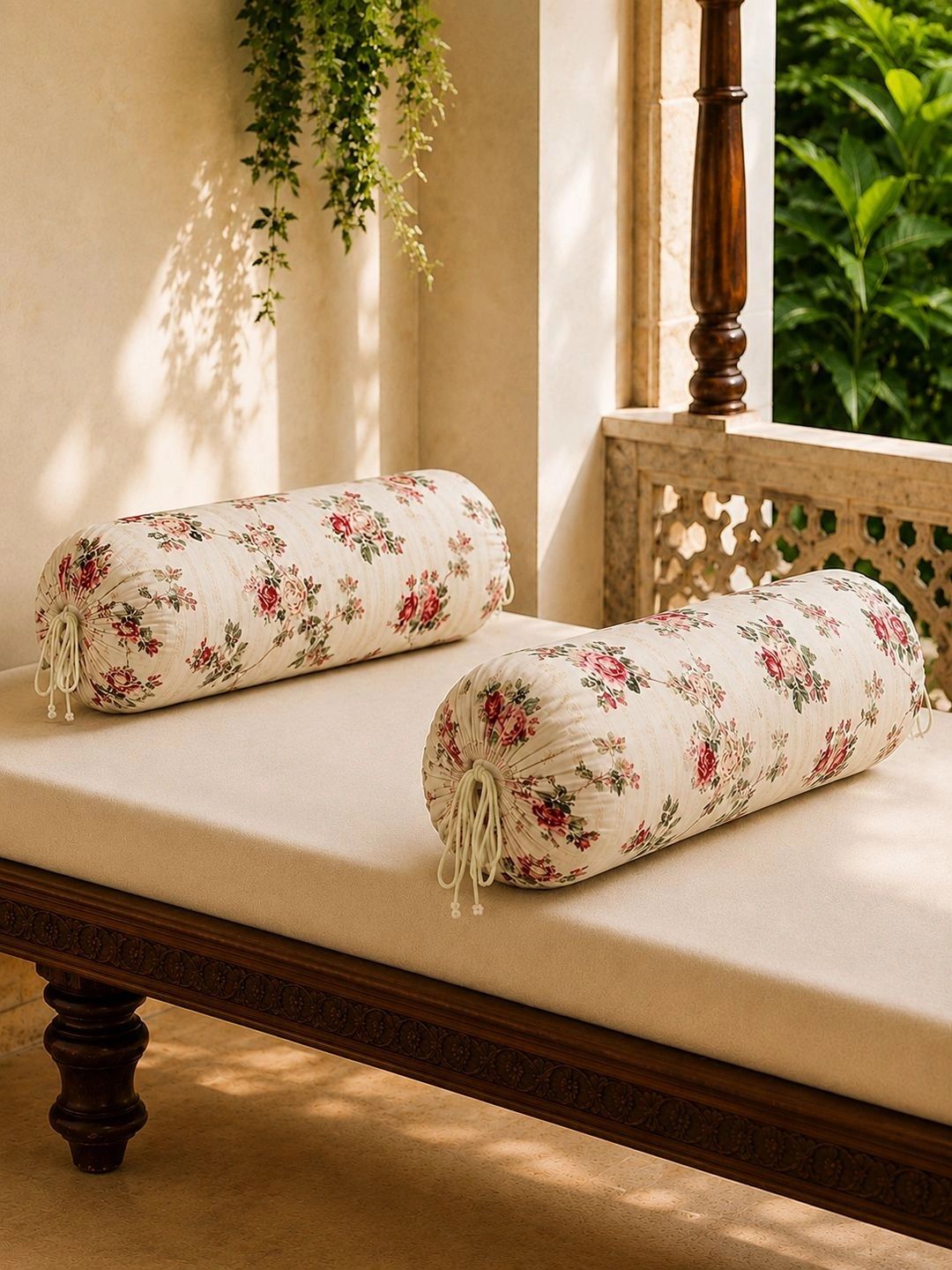 Myntra Elegant Homes 2-Pcs White & Green Printed Pure Cotton Bolster Covers-picture-35