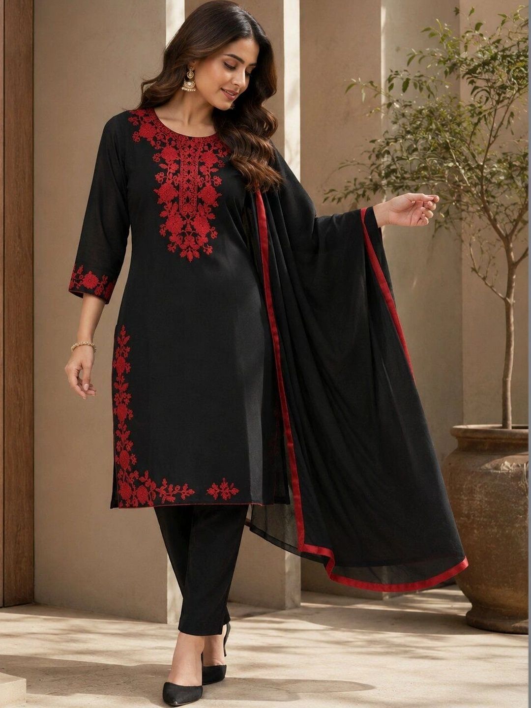 niva fashion Women Ethnic Motifs Embroidered Regular Thread Work Silk Georgette Kurta with Trousers & With-picture-58