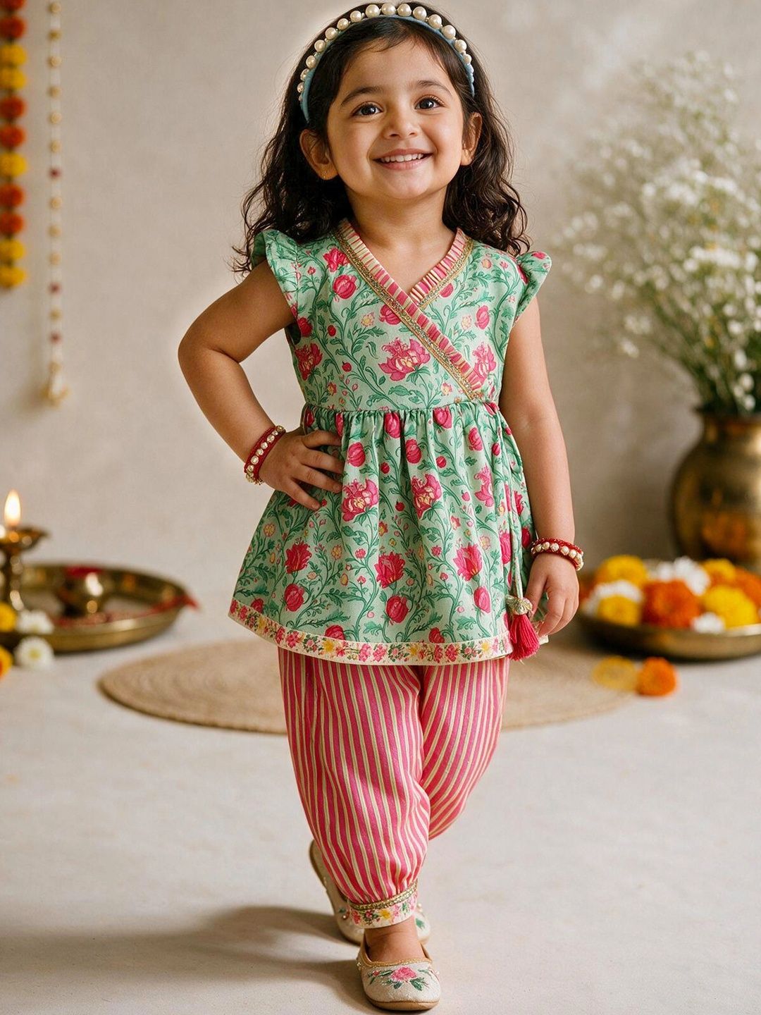VASTRAMAY Girls Floral Printed Angrakha Kurti with Harem Pants-picture-23