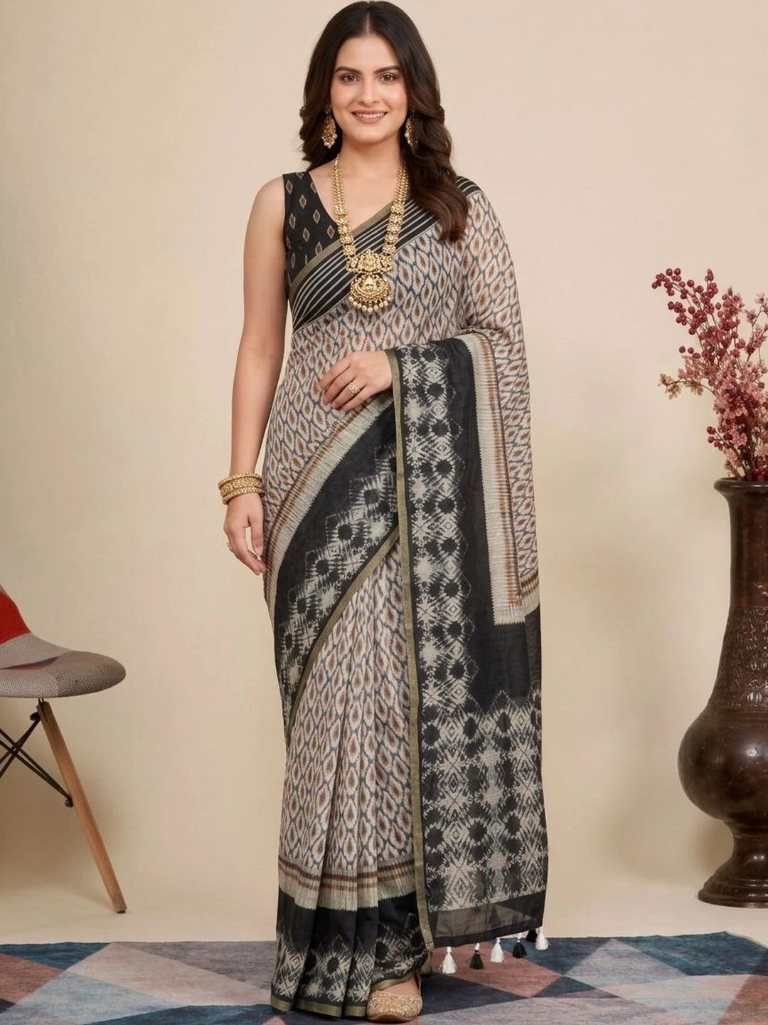 Anouk Ethnic Motifs Pure Linen Ikat Saree-picture-21