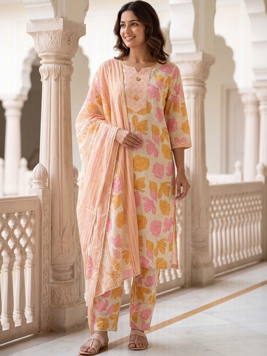 HERE&NOW Women Floral Printed Regular Kurta with Trousers & With Dupatta-picture-58