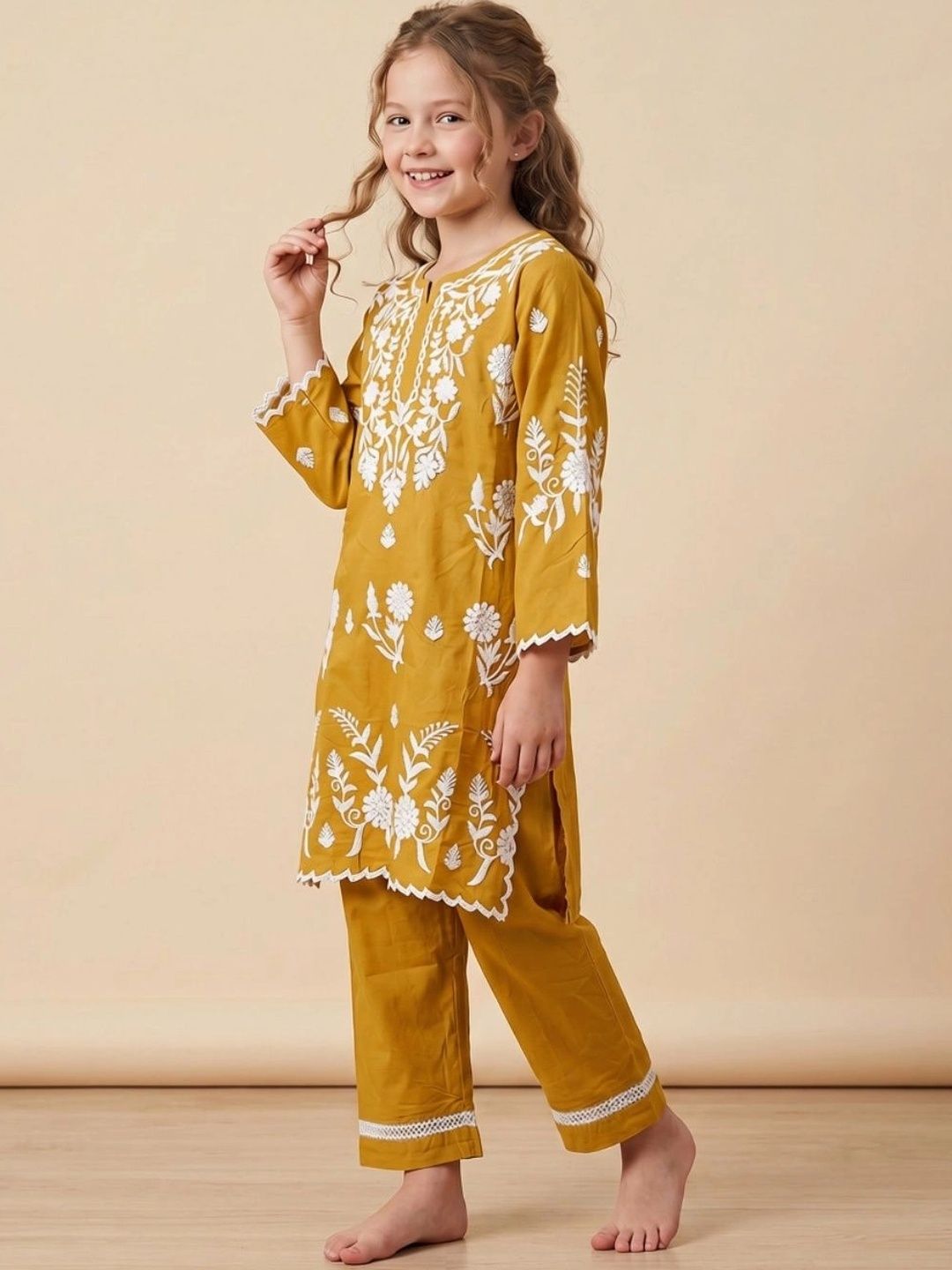 HOUSE OF IQF Girls Floral Embroidered Regular Thread Work Pure Cotton Kurta with Trousers-picture-39