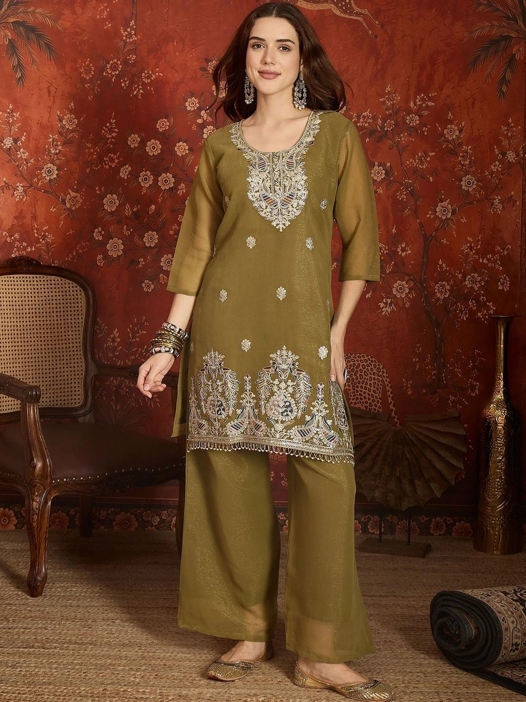 MANVAA Women Ethnic Motifs Embroidered Regular Thread Work Kurta with Palazzos & With Dupatta-picture-11