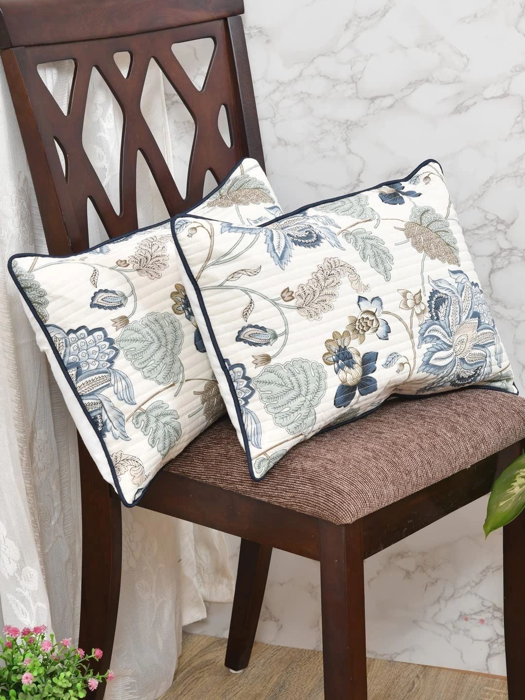 Myntra Elegant Homes Green & Beige Set of 2 Floral Rectangle Cushion Covers-picture-19
