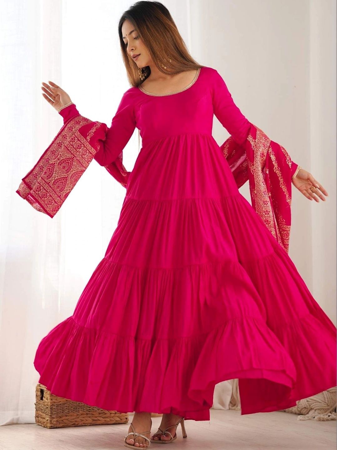 all about you Women Tiered Chanderi Silk Kurta with Trousers & With Dupatta-picture-4