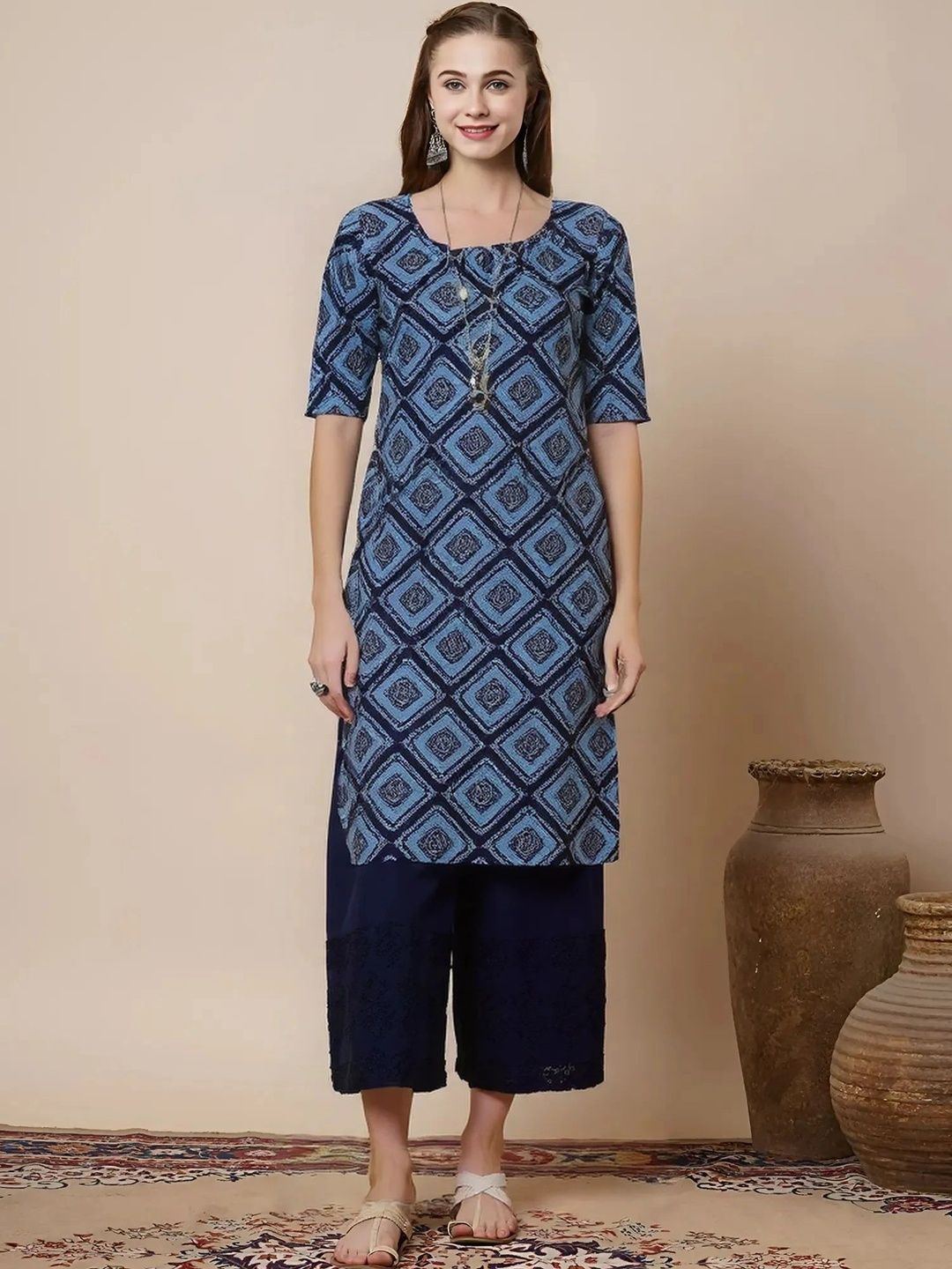 HERE&NOW Women Geometric Printed Crepe Kurta-picture-25