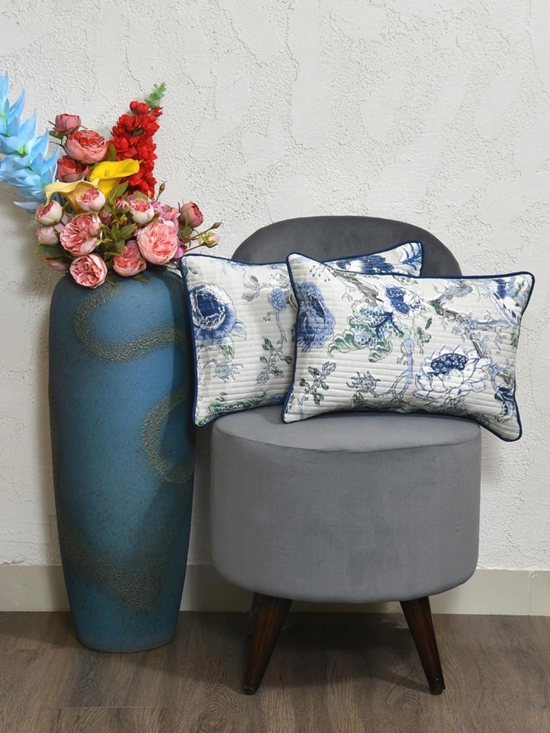 Aura Blue & Grey Set of 2 Floral Rectangle Cushion Covers-picture-23
