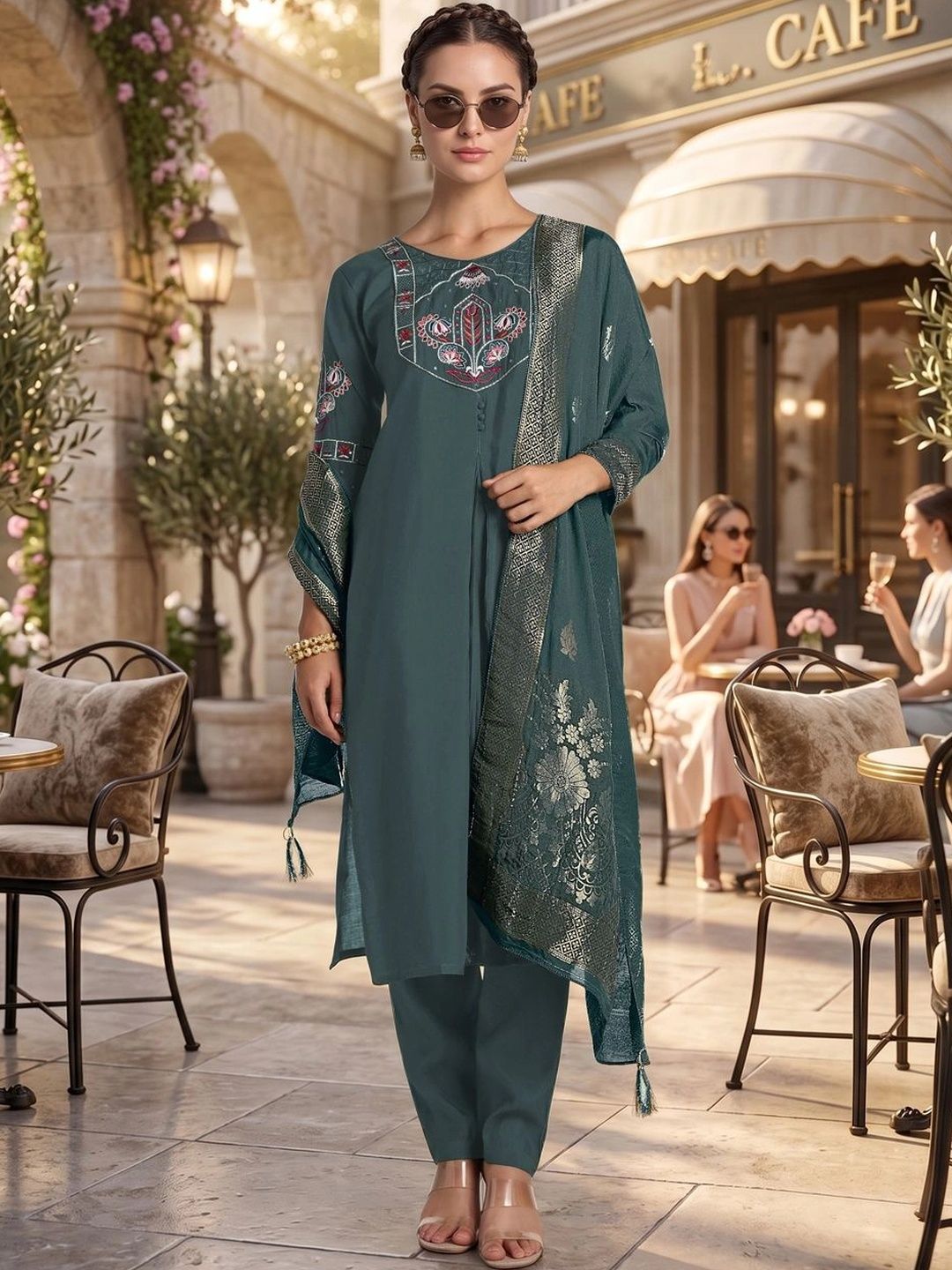 WHITE RAIN Women Ethnic Motifs Embroidered Regular Thread Work Chanderi Silk Kurta with Trousers & With-image-9