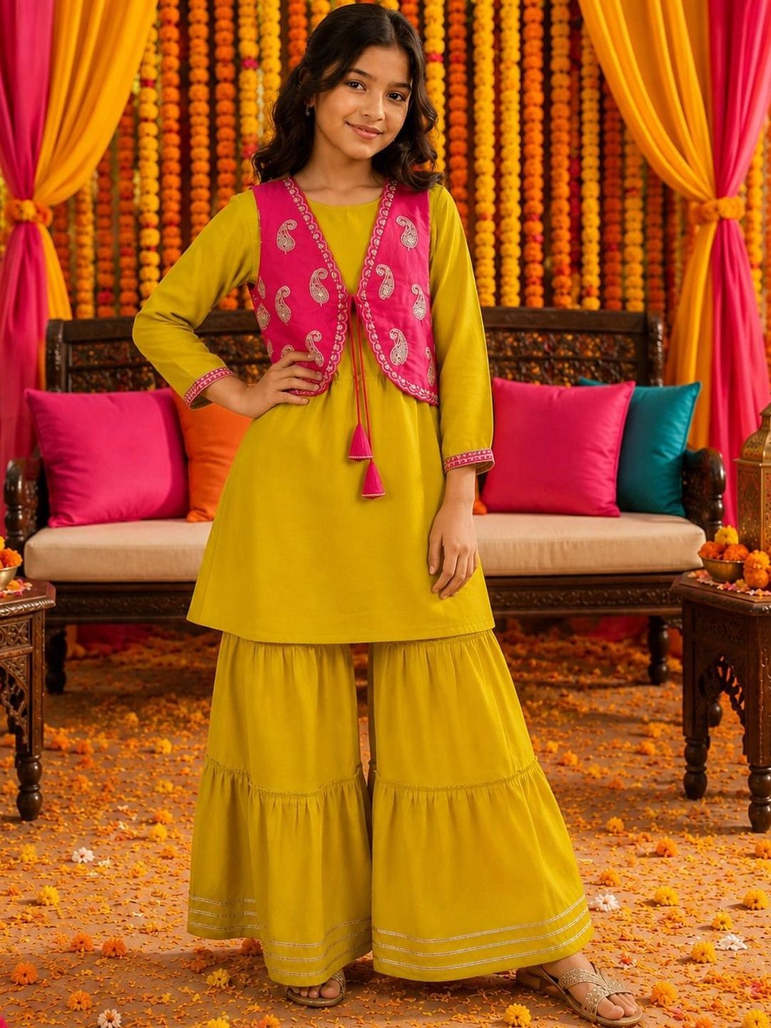 KALINI Girls Ethnic Motifs Regular Thread Work Pure Silk Kurta with Sharara-picture-28