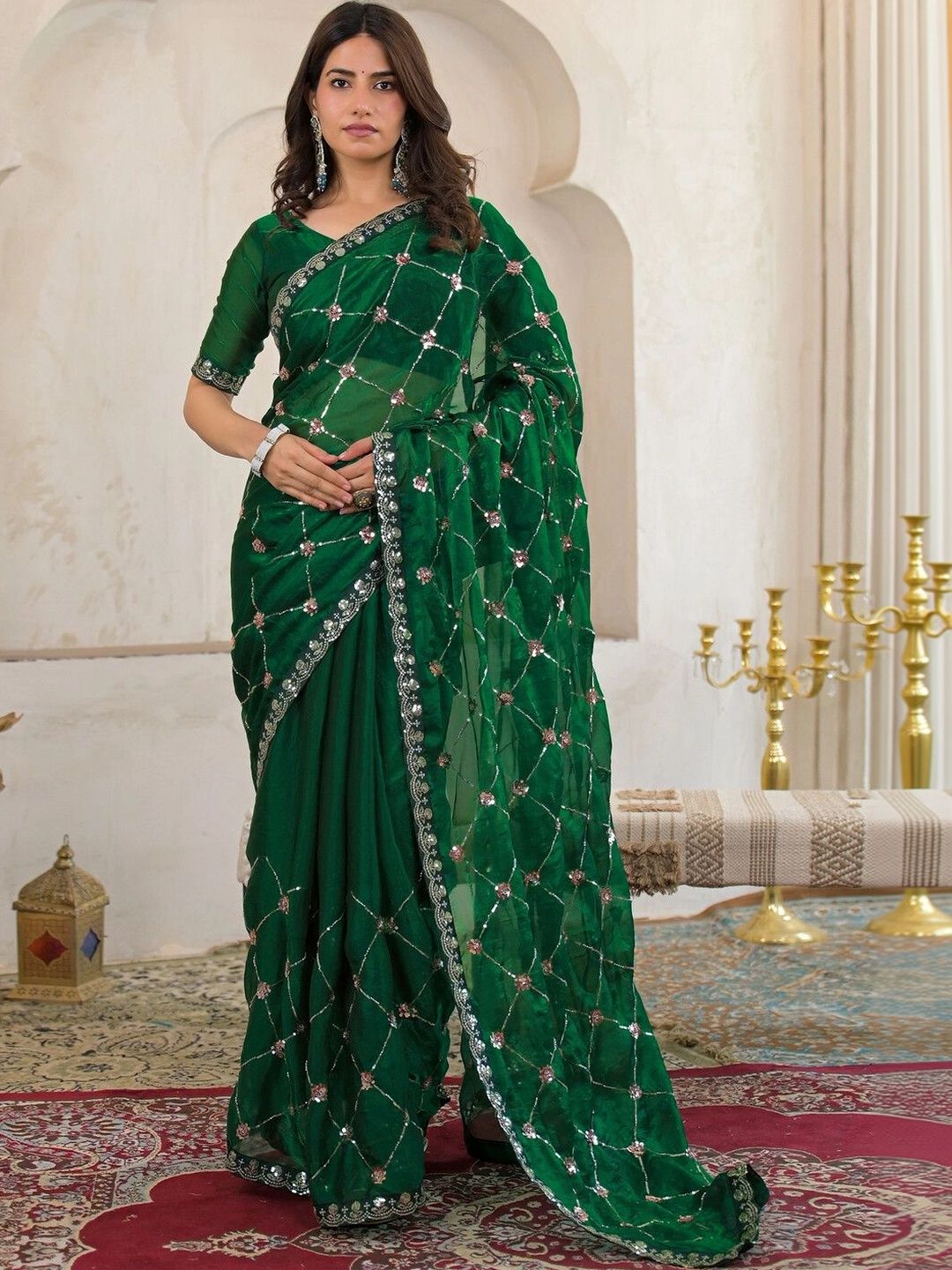 SAARA Embellished Sequinned Tissue Saree-image-22