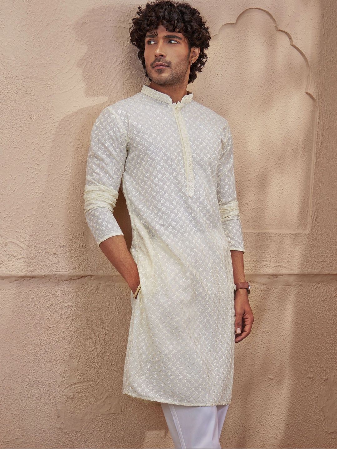 VASTRAMAY Men Ethnic Motifs Embroidered Chikankari Kurta-picture-17