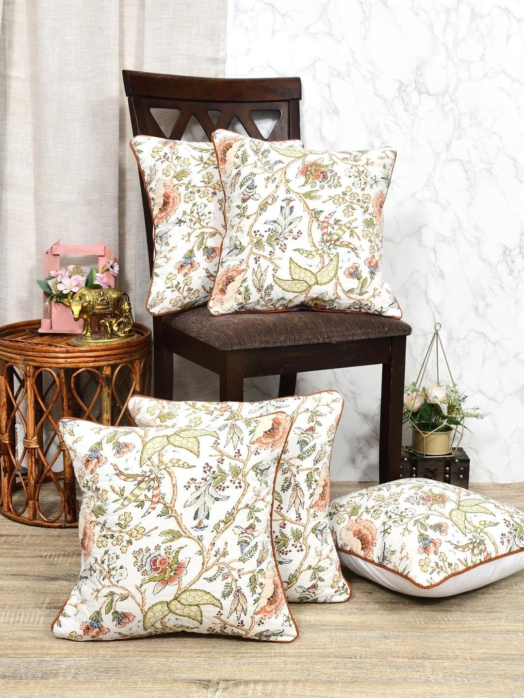 Aura White & Multicoloured Set of 5 Floral Square Cushion Covers-picture-37