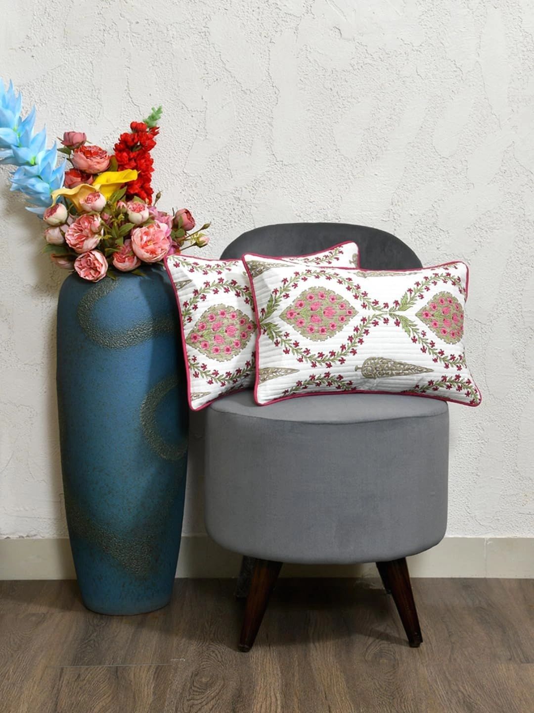 Aura Pink & White Set of 2 Floral Rectangle Cushion Covers-picture-38