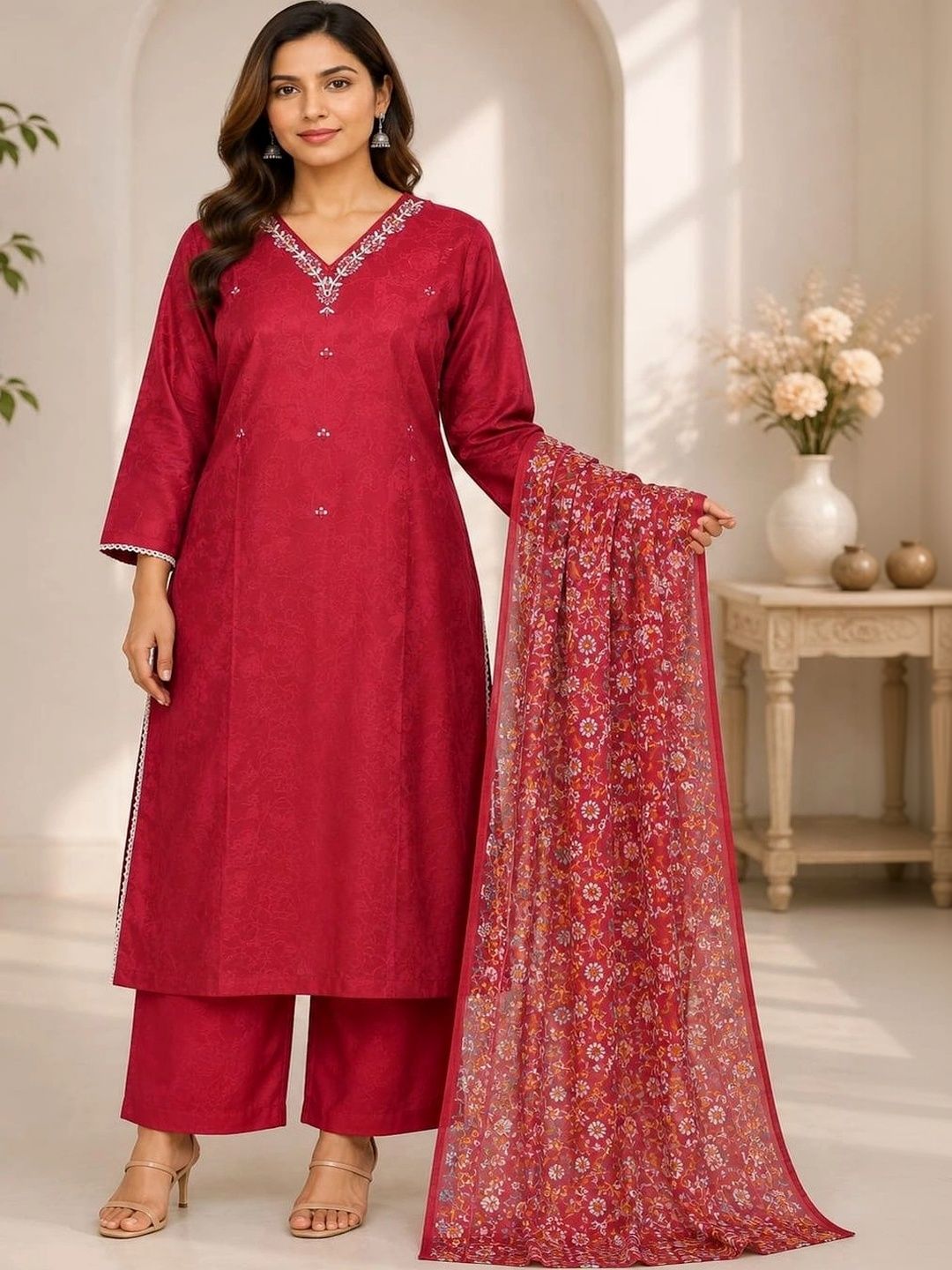 Harvi Women Ethnic Motifs Regular Thread Work Pure Silk Kurta with Palazzos & With Dupatta-image-22