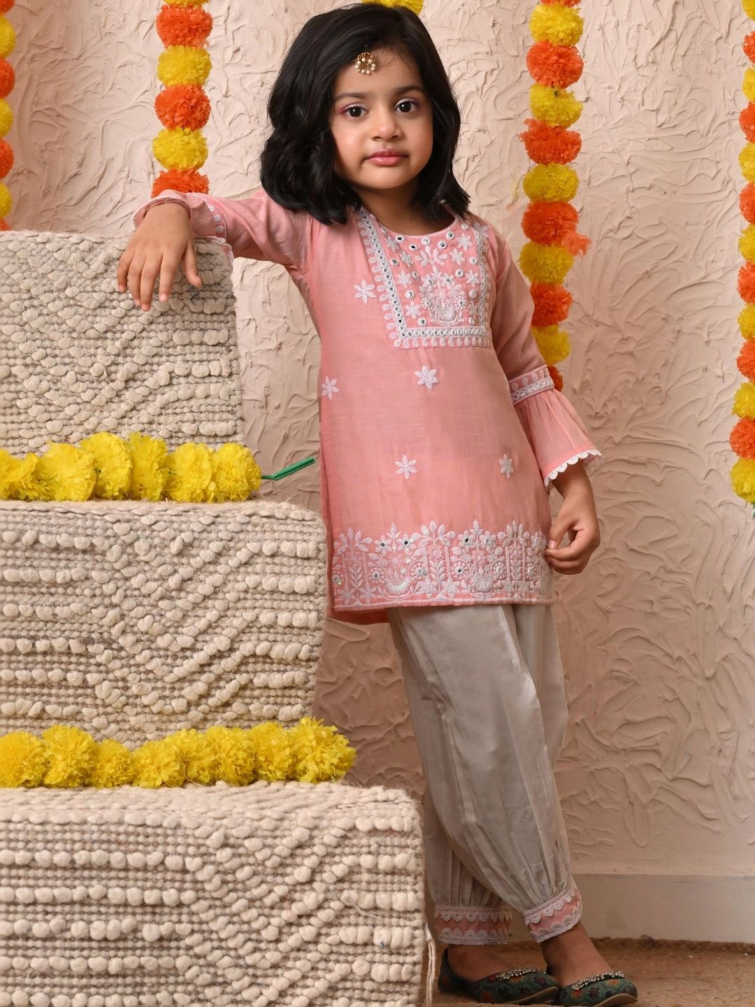 Blabber Unisex Kids Ethnic Motifs Embroidered Regular Chikankari Pure Cotton Kurti with Patiala-image-43