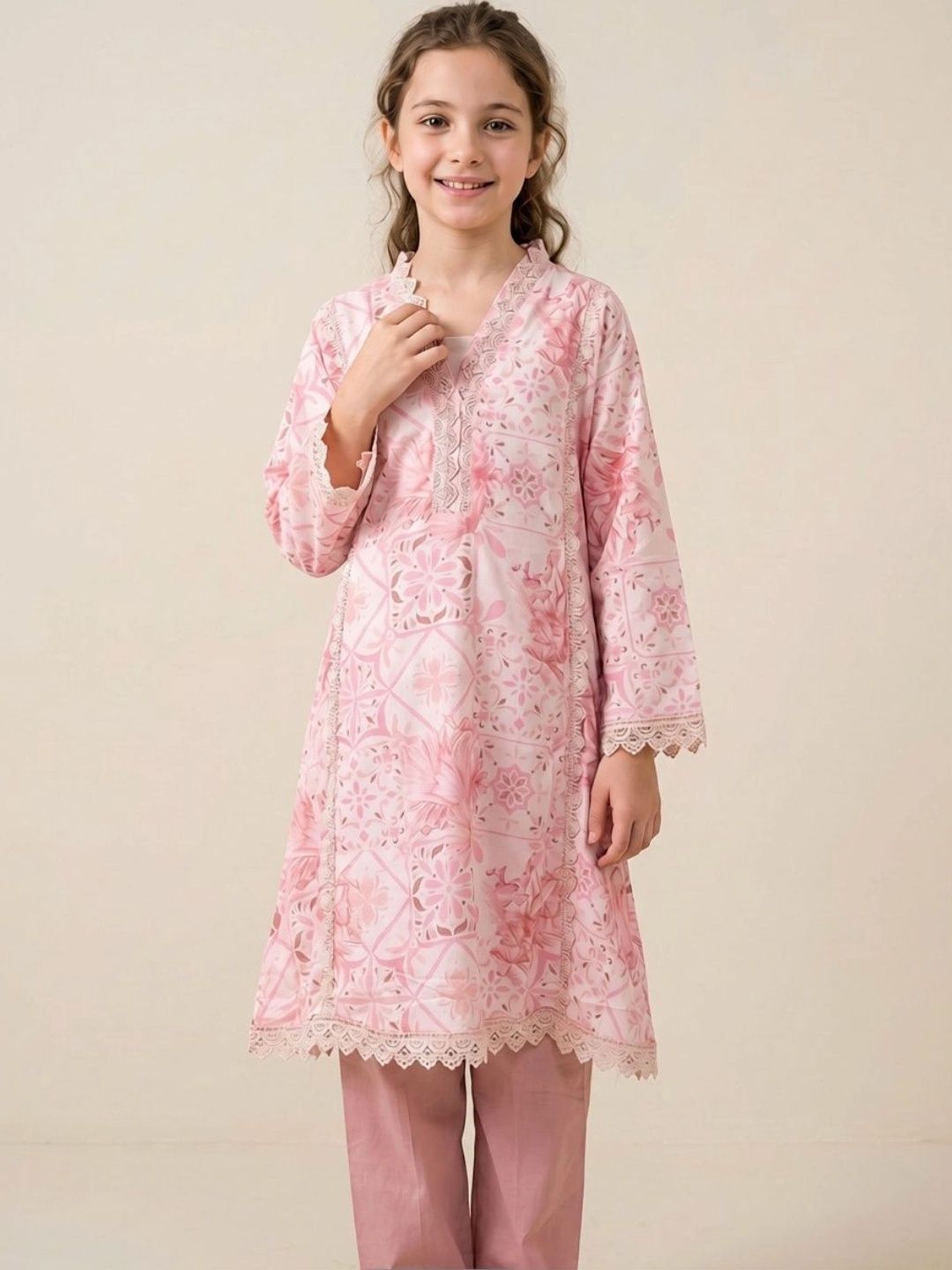 HOUSE OF IQF Girls Floral Printed Regular Pure Cotton Kurta with Trousers-picture-20